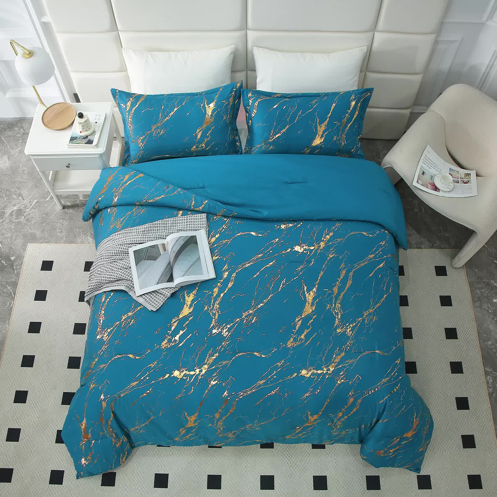 Cozy Cloud 3 Teal ‑Piece Comforter Bundle – Instagram‑Ready Bedroom with teal and gold patterned bedding on a bed with white pillows