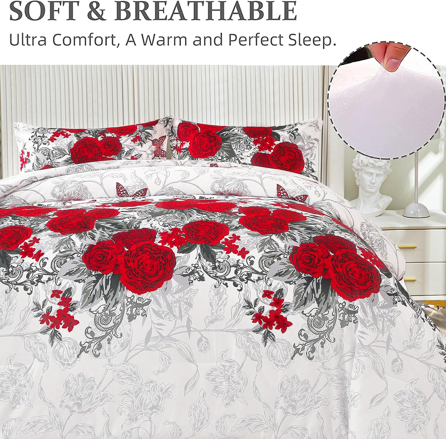 Luxurious rose Soft white 3 Pc Comforter & Pillow Cover Set