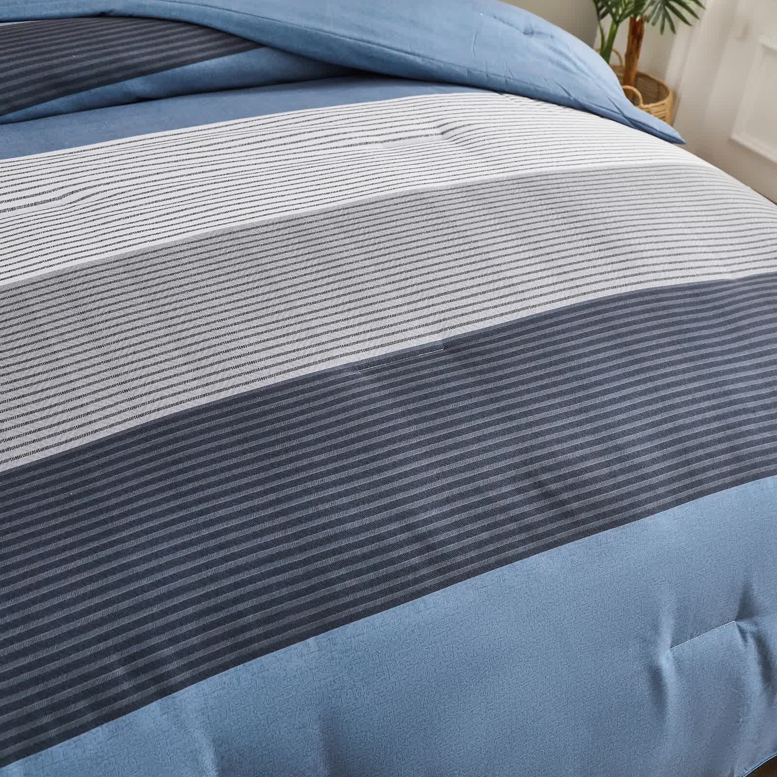 Coastal Drift striped Comforter Bundle – Breezy 3‑Piece Bedding with blue and gray horizontal stripes on bedzny bedroom bedding