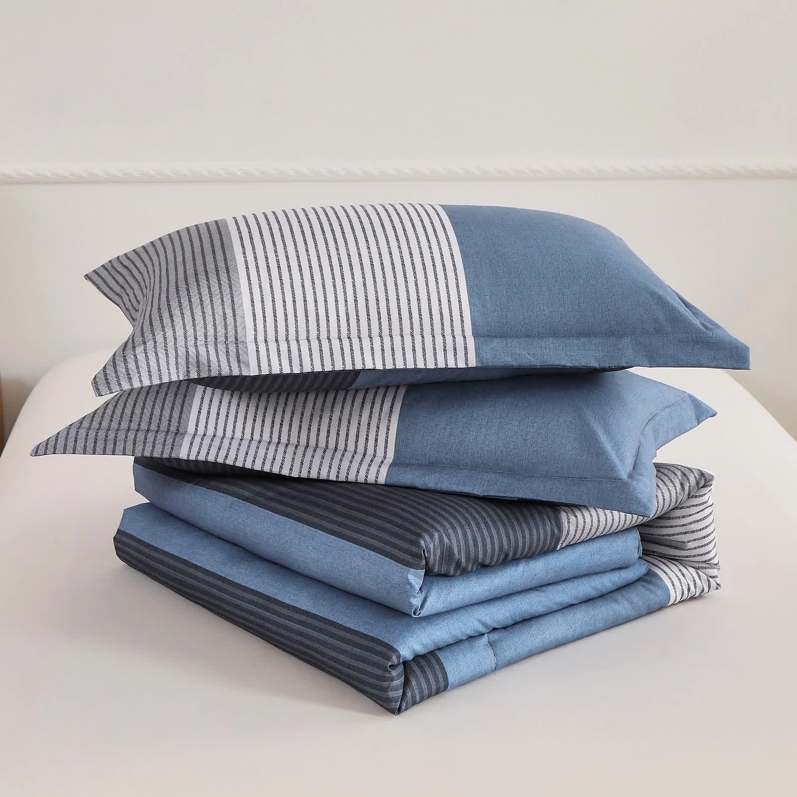 Coastal Drift striped Comforter Bundle – Breezy 3‑Piece Bedding with blue and gray striped pillowcases and comforter set