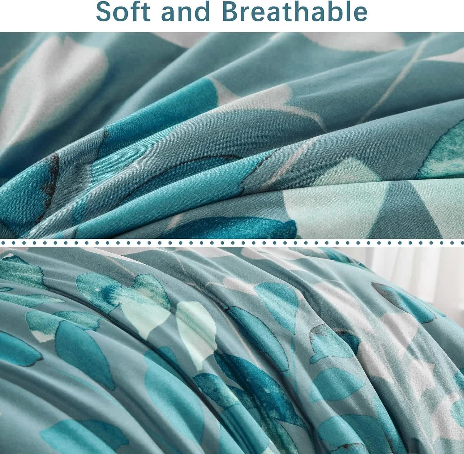 Close-up view of soft, breathable fabric on GlowUp Bedroom Teal Comforter – 3‑Piece Insta‑Aesthetic Set with leaf pattern