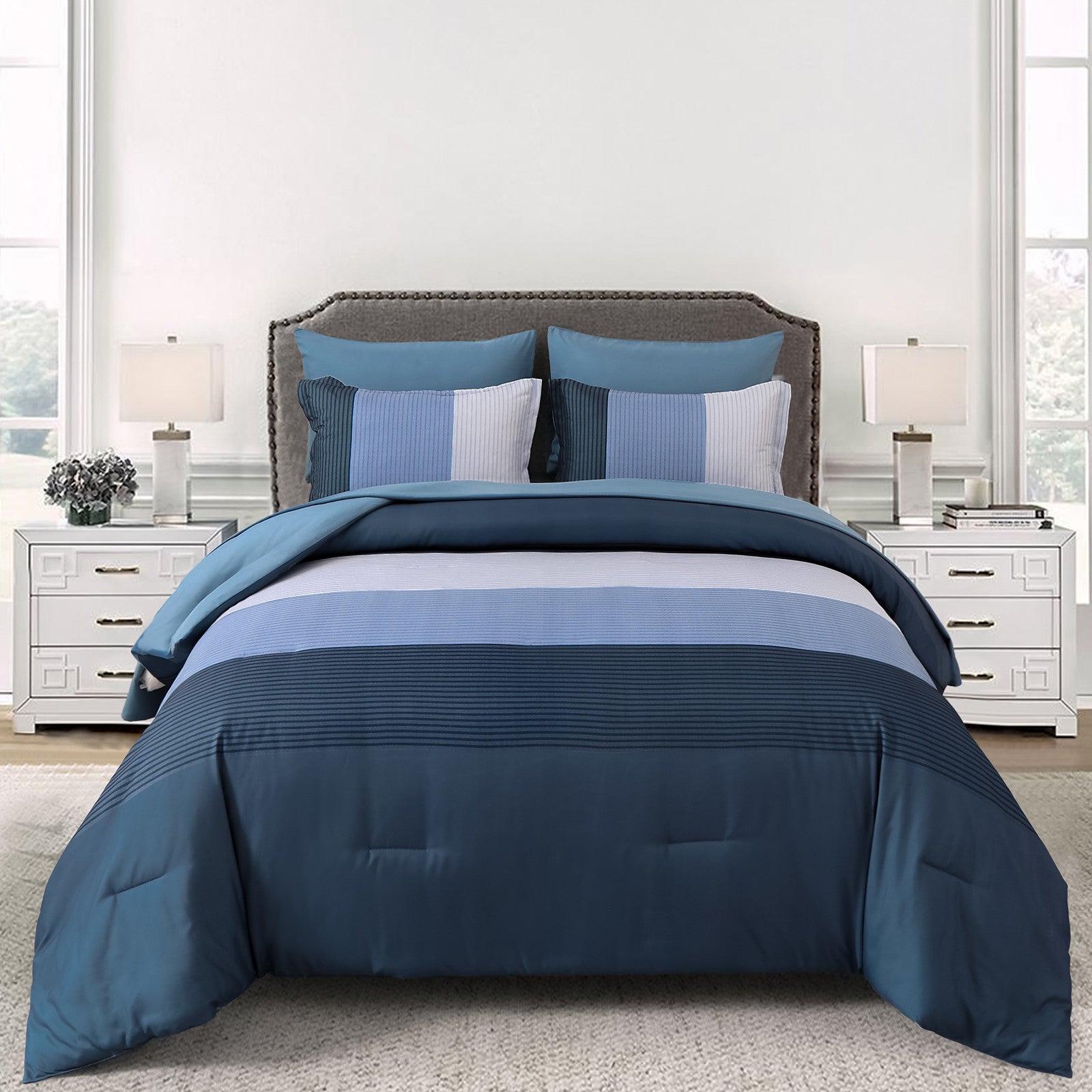 Navy Blue Comforter Set, King Size, Striped 3-Piece Bedding Collection displayed on gray upholstered bed with white bedside tables