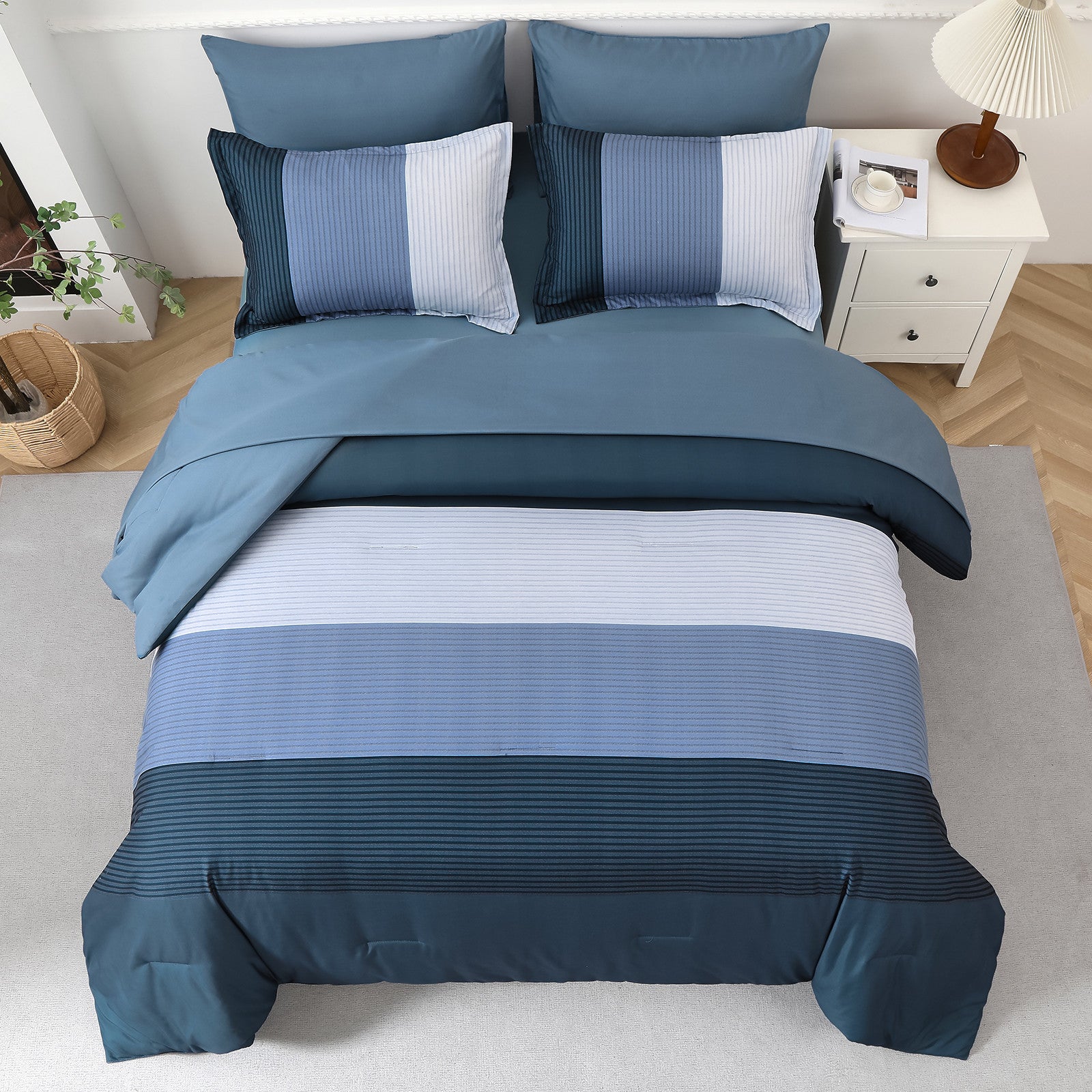 Navy Blue Comforter Set, King Size, Striped 3-Piece Bedding Collection with matching pillows on modern bed with nightstand