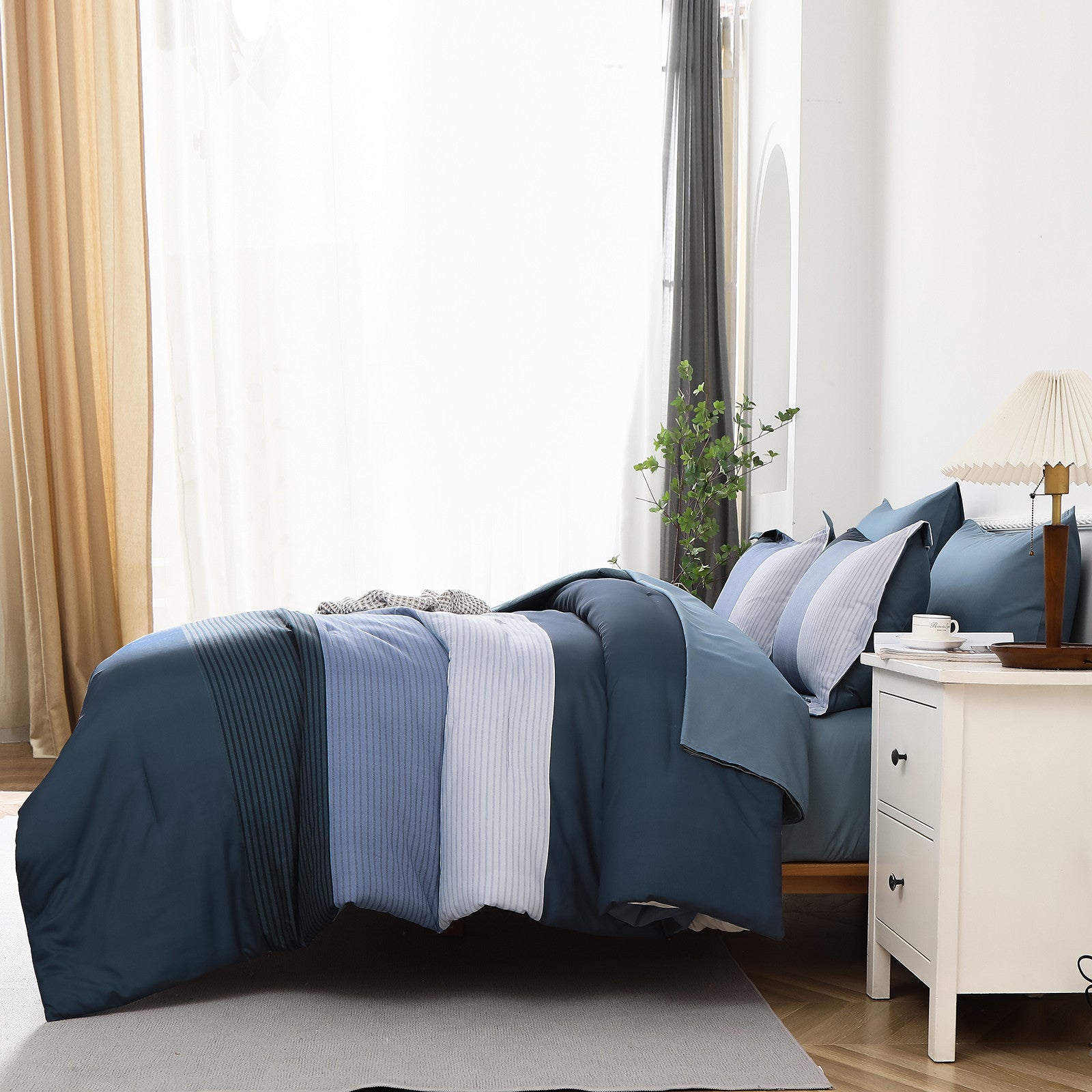 Navy Blue Comforter Set, King Size, Striped 3-Piece Bedding Collection displayed on bed with pillows and bedside table