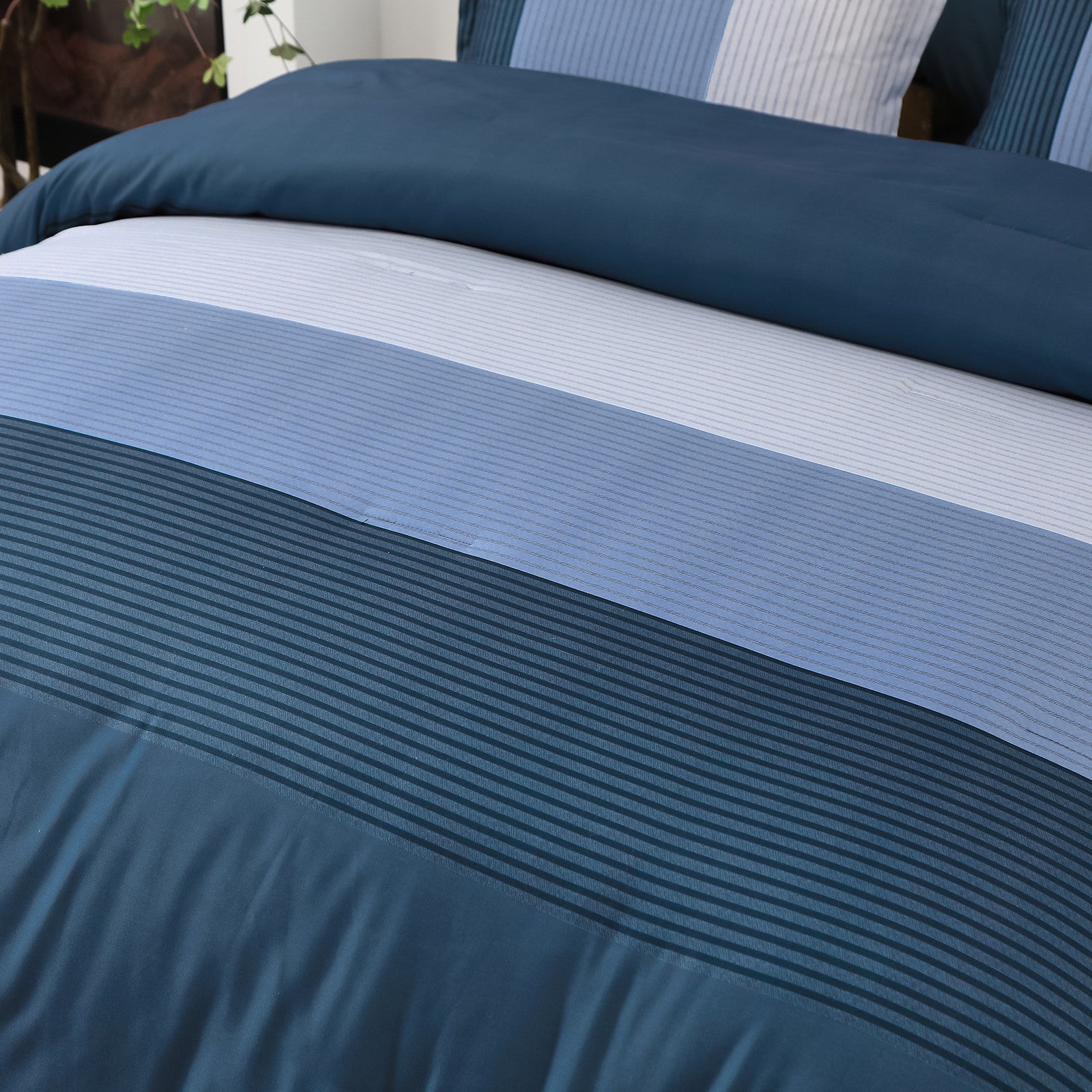Navy Blue Comforter Set, King Size, Striped 3-Piece Bedding Collection with textured stripes and smooth fabric on bed by Bedzy