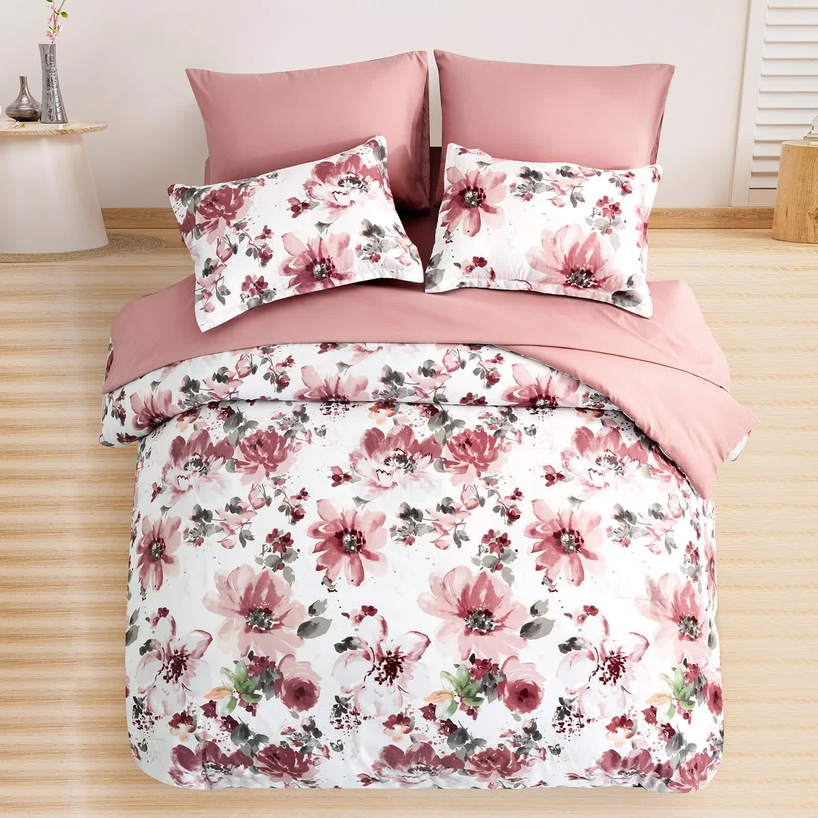 Pure Haven Pink floral 3‑Piece Comforter Set – Clean & Calm Vibe with pink pillows and floral bedding on wooden floor