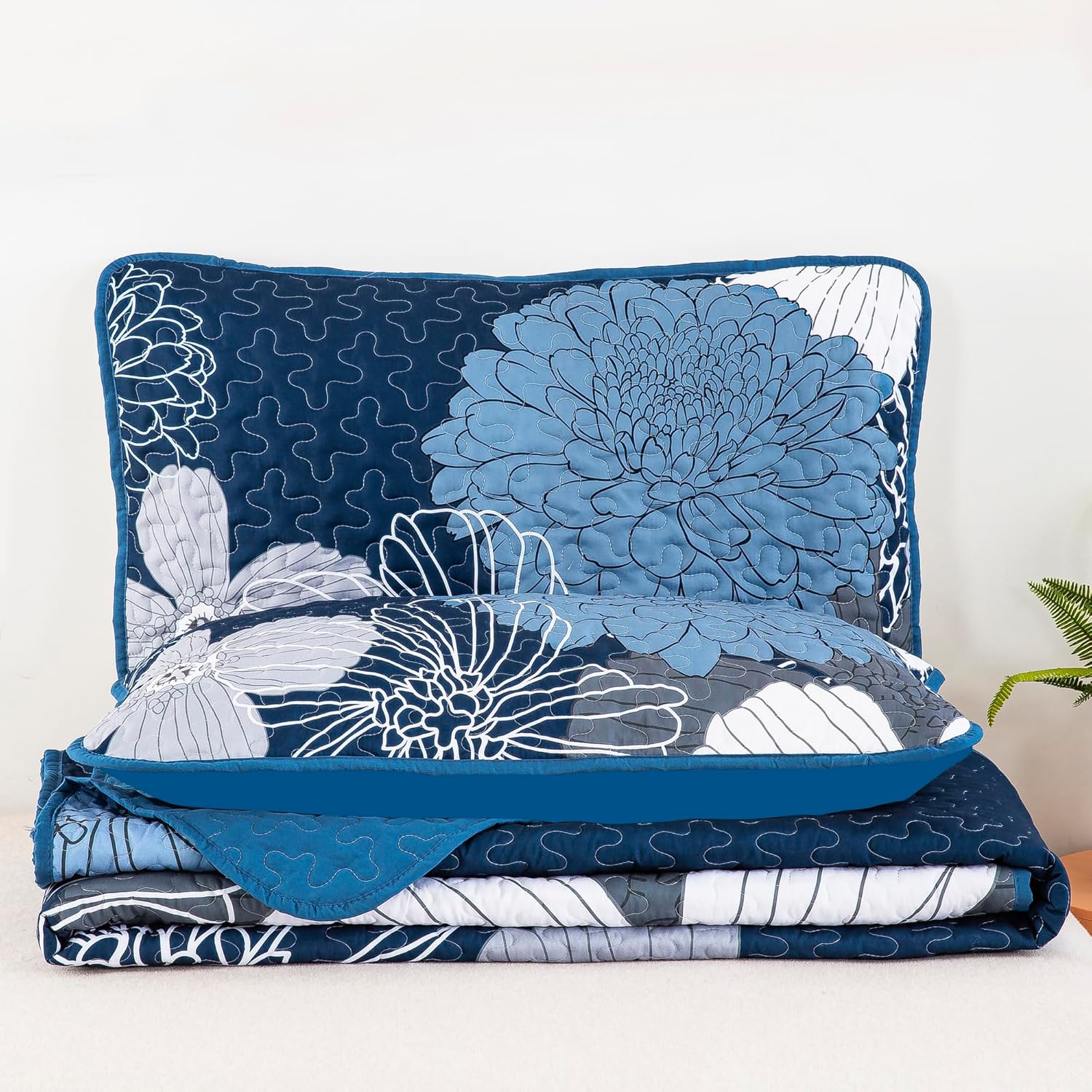 Frosted Magnolia Chic blue 3 Pc Comforter & Pillow Cover Set KING folded, floral pattern, blue tones for bedroom furniture by Bedzy