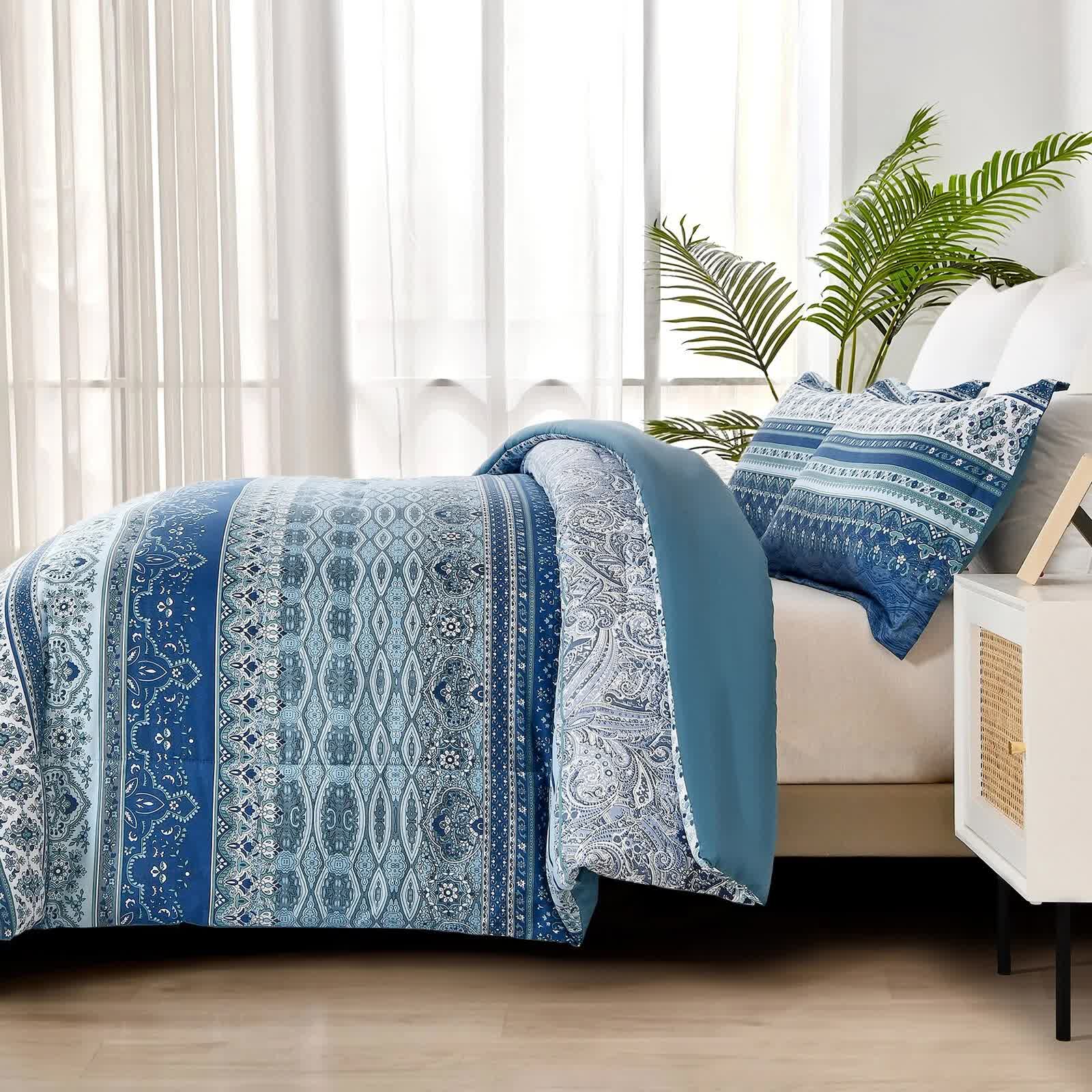 Boho Vibes blue Bedding Set – 3‑Piece Comforter & Pillow Covers with patterned comforter on bed in bright bedroom