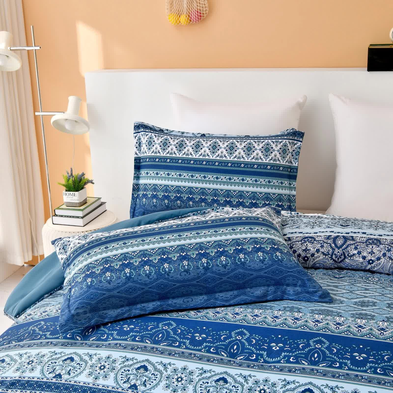 Boho Vibes blue Bedding Set – 3‑Piece Comforter & Pillow Covers with patterned blue fabric on a styled bedroom bed