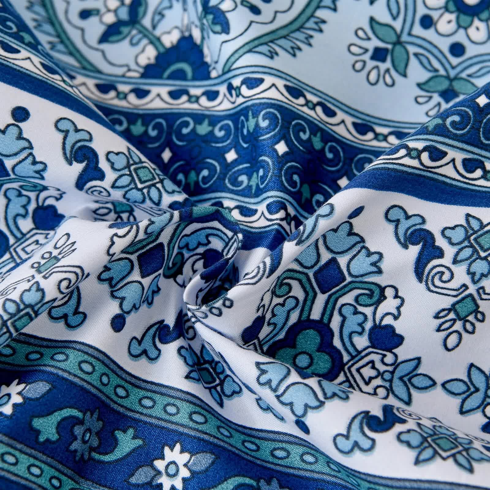Boho Vibes blue Bedding Set – 3‑Piece Comforter & Pillow Covers with intricate blue and white bohemian patterns close-up
