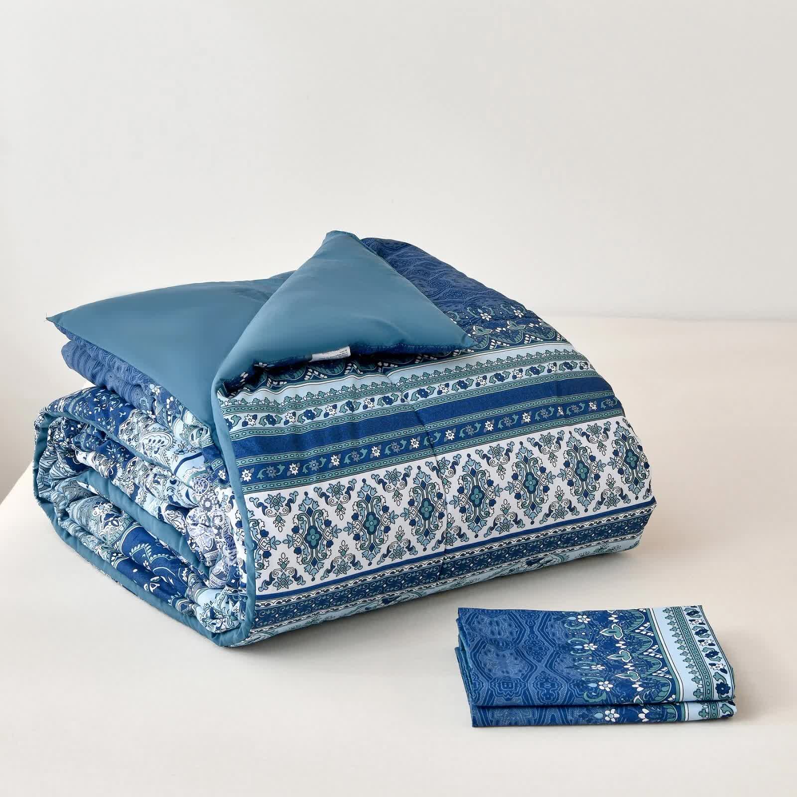 Boho Vibes blue Bedding Set – 3‑Piece Comforter & Pillow Covers with patterned comforter and pillow cases on neutral background