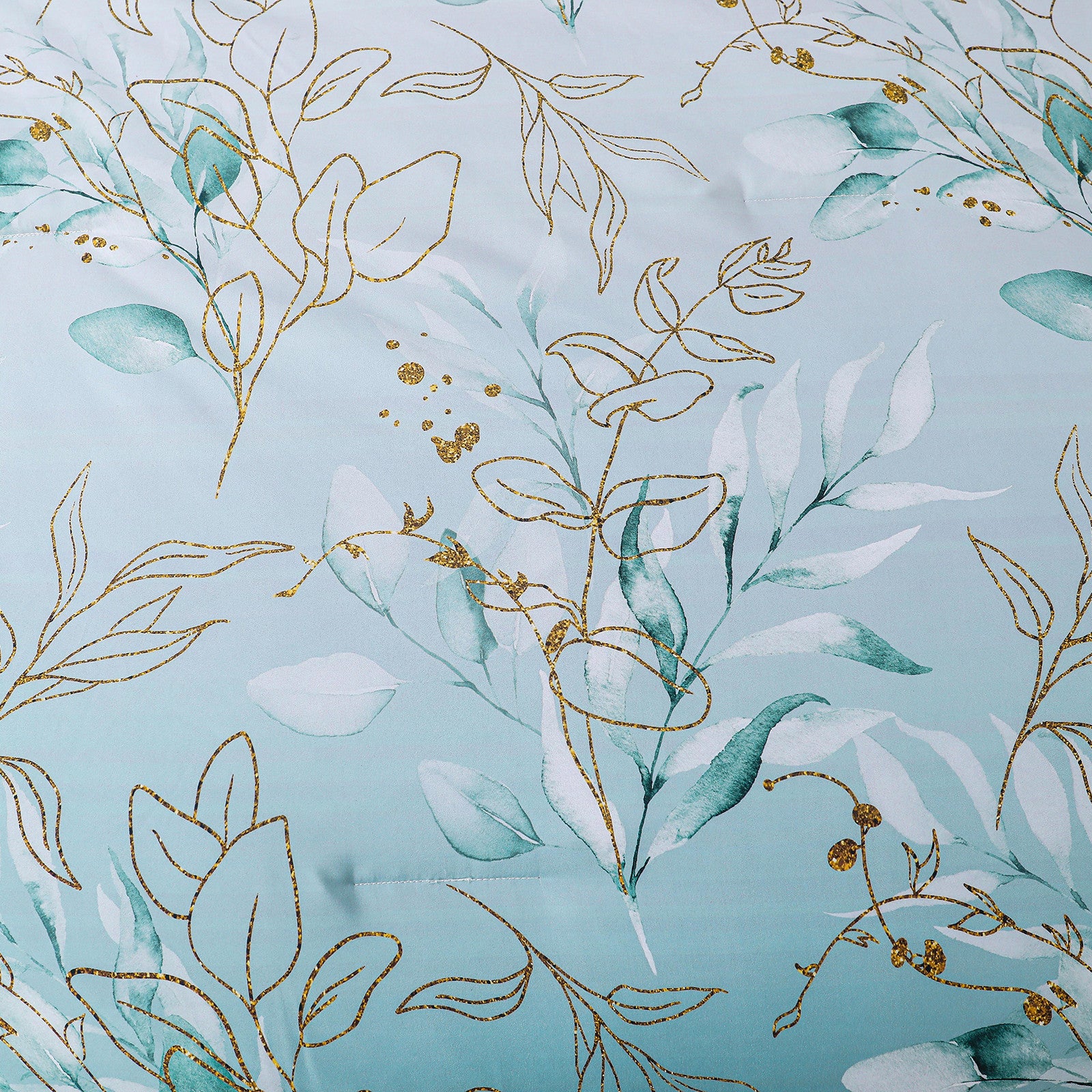 Soft Floral Leaf Comforter Set, King Size, Quilted Cozy Bedding with Pillowcases, botanical print on blue background