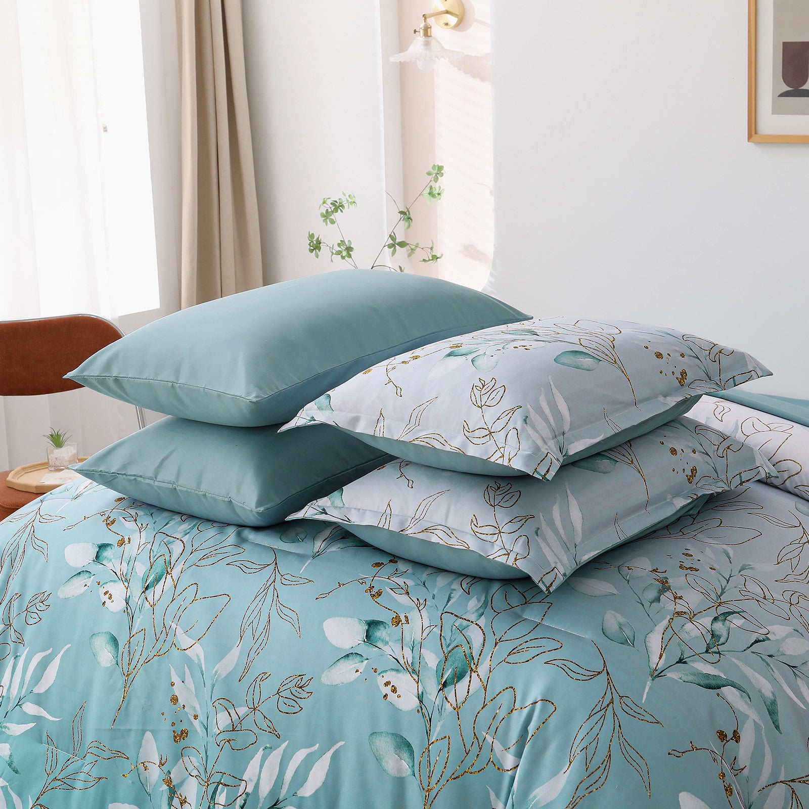 Soft Floral Leaf Comforter Set, King Size, Quilted Cozy Bedding with Pillowcases in teal with leaf pattern on bed in bedroom