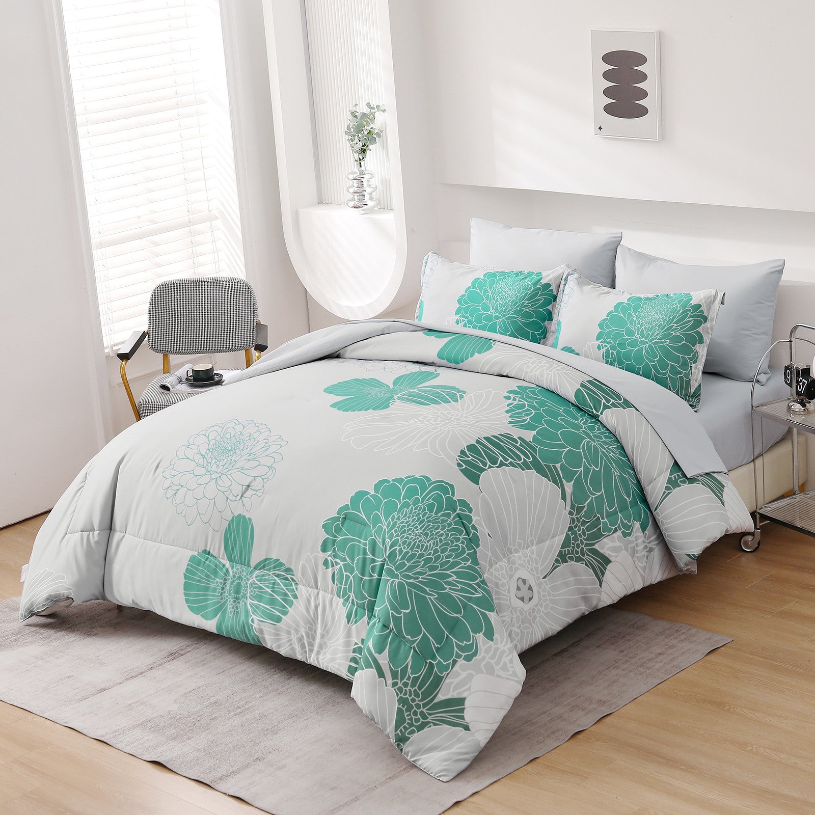 Floral Winter Comforter Set, King Size, Ultra-Soft Quilted Bedding with Pillowcases in bedroom with modern decor and natural light