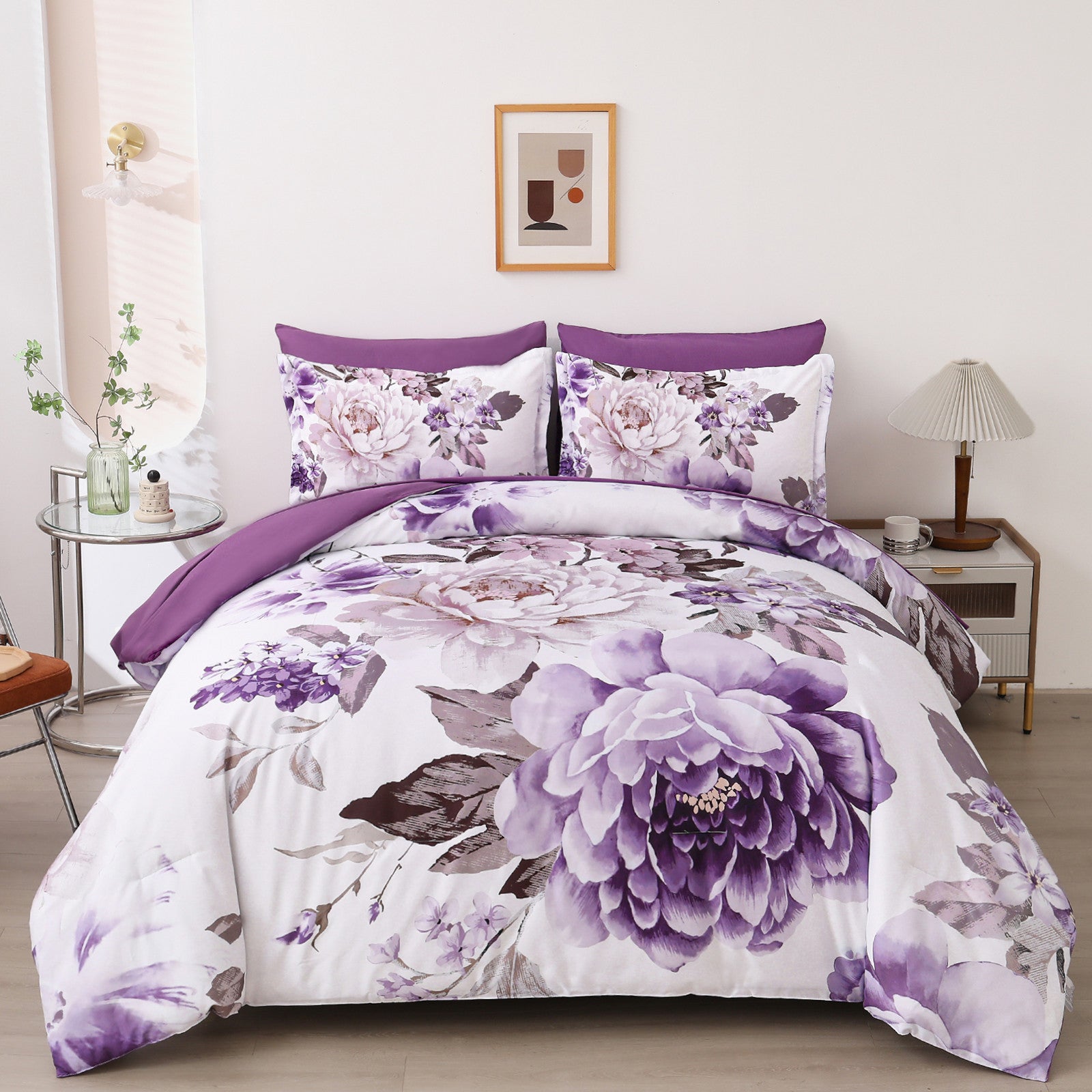 Elegant Floral Comforter Set, King Size, Warm Quilted Bedding with Pillowcases featuring purple floral design in modern bedroom setting