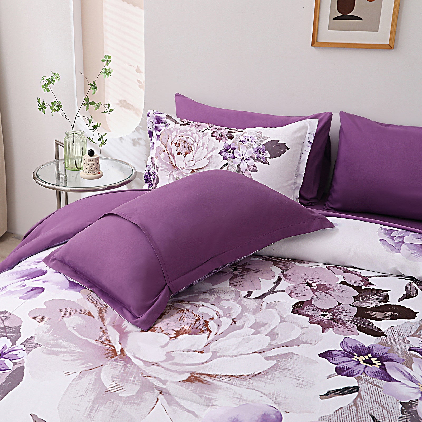 Elegant Floral Comforter Set, King Size, Warm Quilted Bedding with Pillowcases featuring purple and floral design on bed with side table