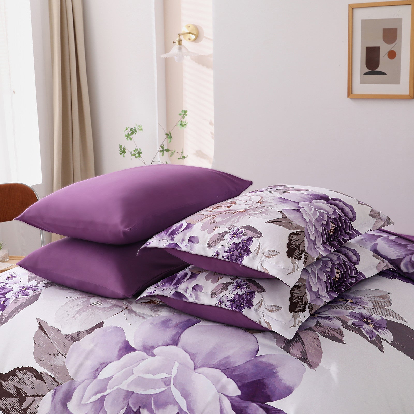 Elegant Floral Comforter Set, King Size, Warm Quilted Bedding with Pillowcases featuring purple floral design and solid purple pillows