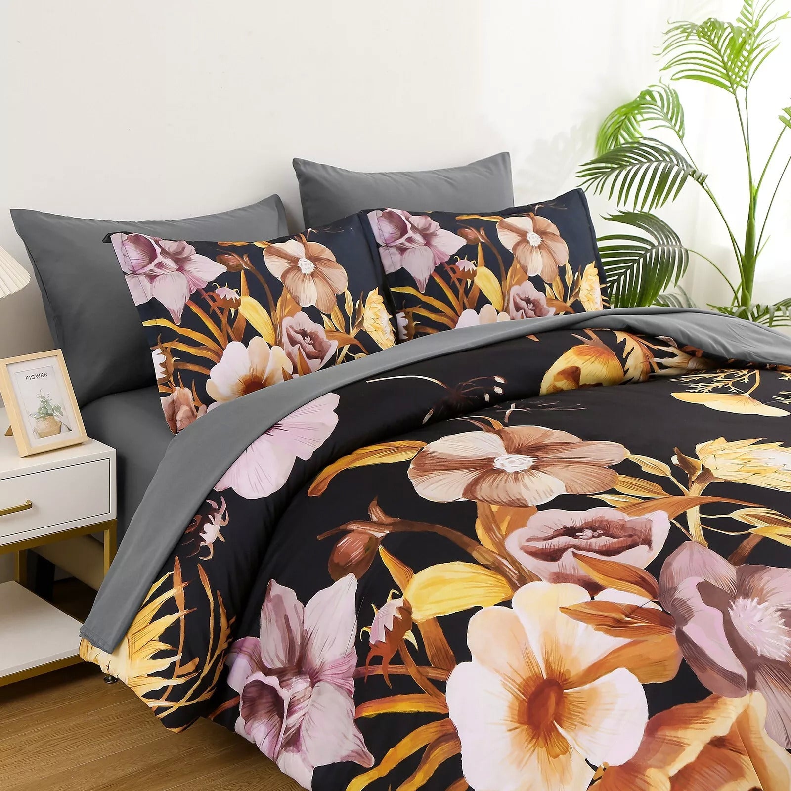 Soft Floral Leaf Comforter Set, King Size, Quilted Bedding with Pillowcases displayed on bed with dark floral pattern and gray accents