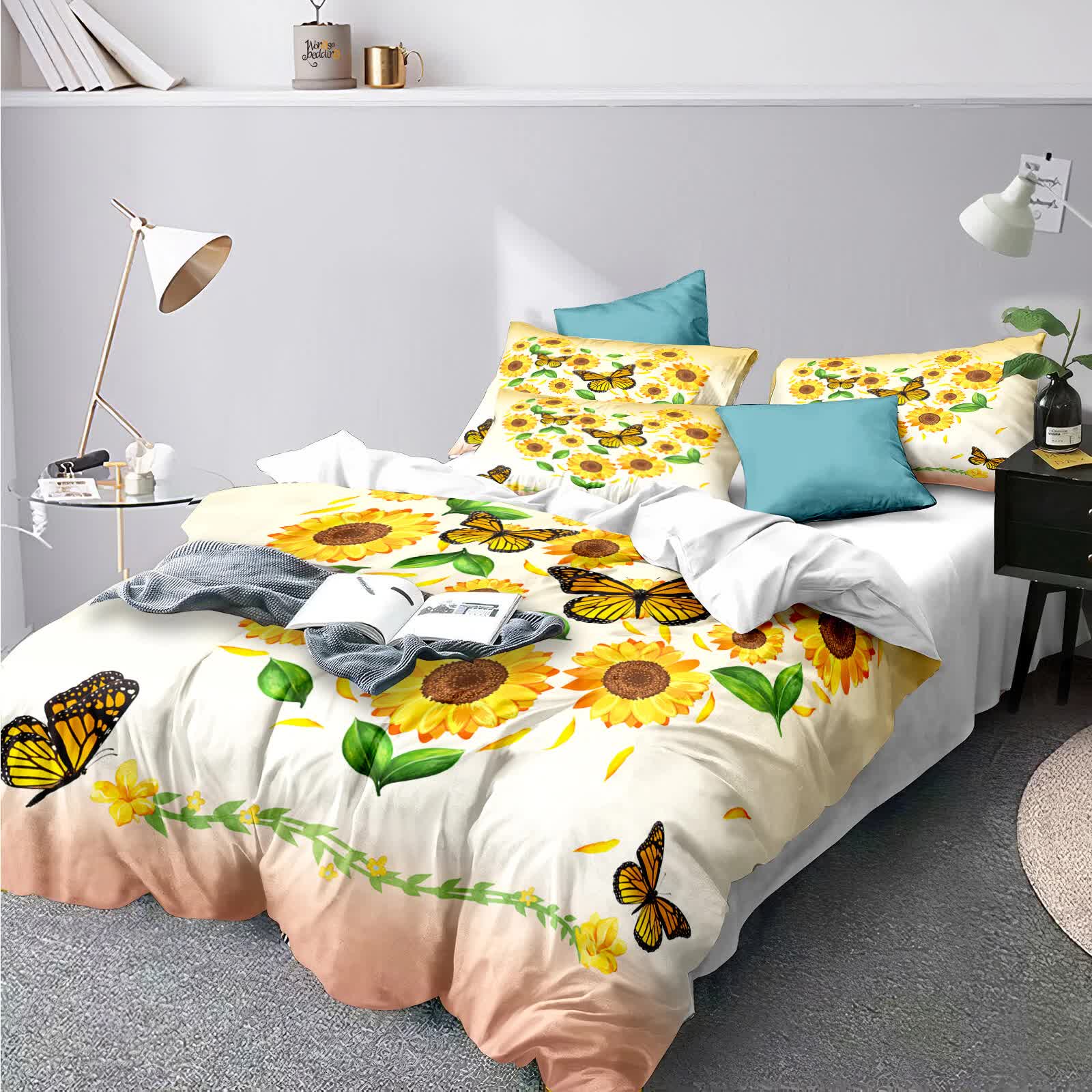 Airy Loft butterfly floral 3‑Piece Comforter Bundle – Relaxed with sunflower and butterfly print on bedzy bed in bedroom setting
