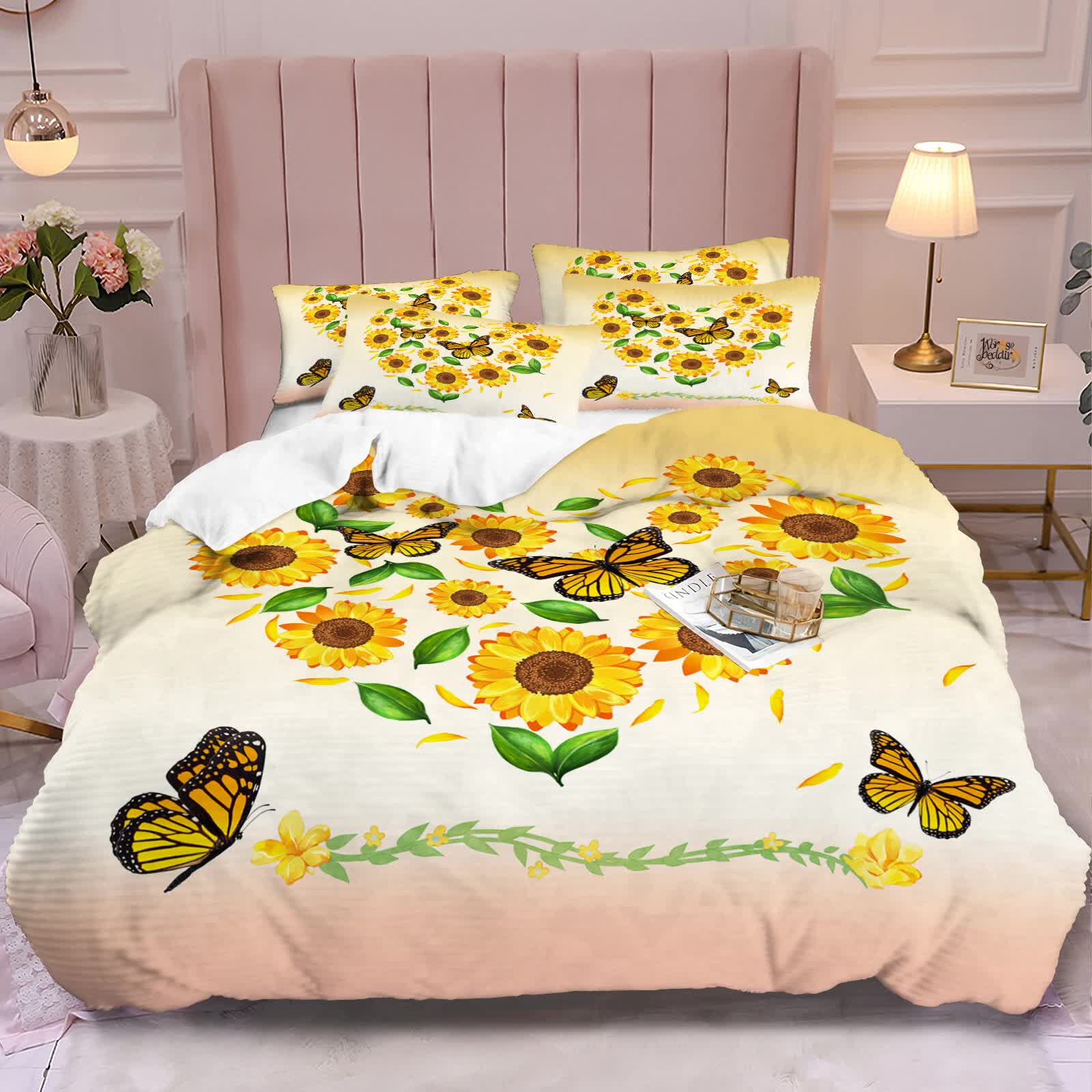 Airy Loft butterfly floral 3‑Piece Comforter Bundle – Relaxed with sunflower and butterfly print on bed in bedroom setting