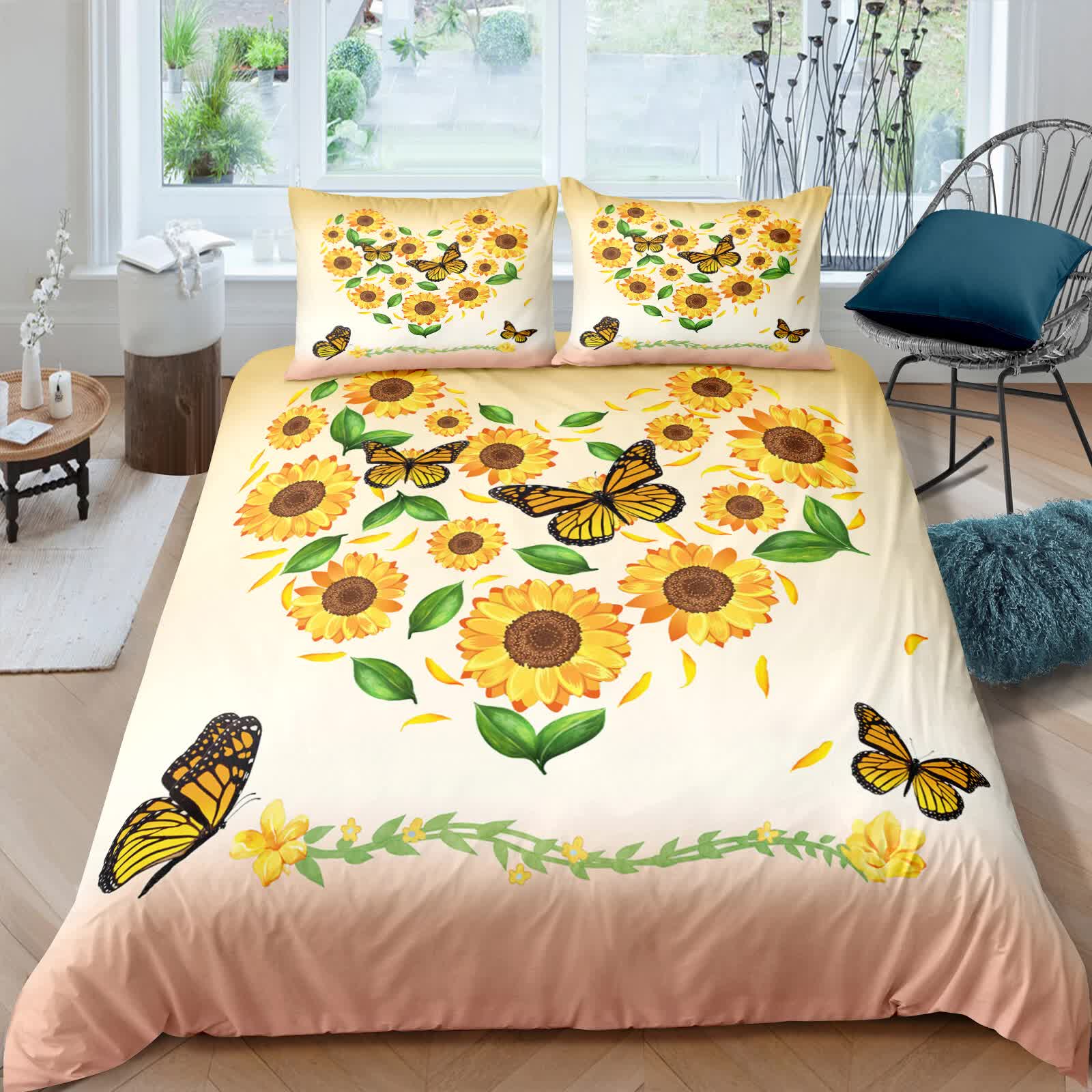 Airy Loft butterfly floral 3‑Piece Comforter Bundle – Relaxed with sunflower and butterfly design on bed in bright bedroom