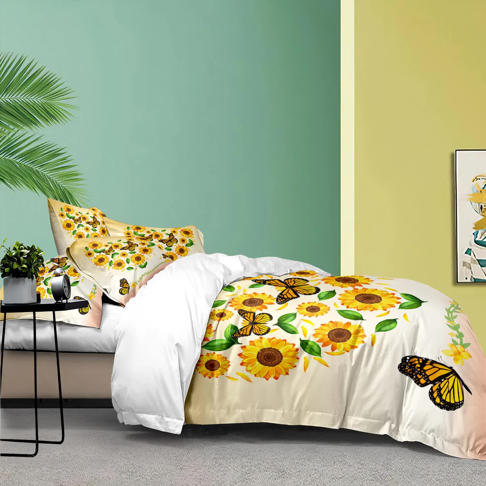 Airy Loft butterfly floral 3‑Piece Comforter Bundle – Relaxed with sunflower and butterfly print on bed in bedroom setting