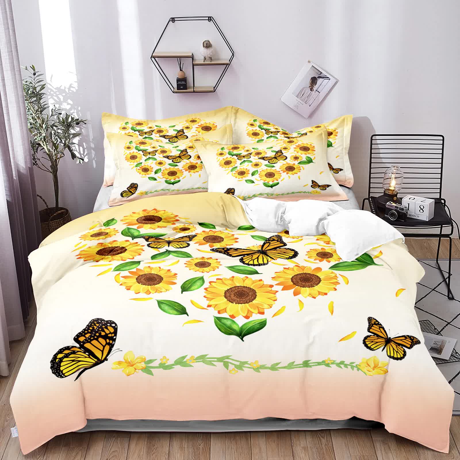 Airy Loft butterfly floral 3‑Piece Comforter Bundle – Relaxed with sunflower and butterfly print on bedzy bedding in bedroom setting