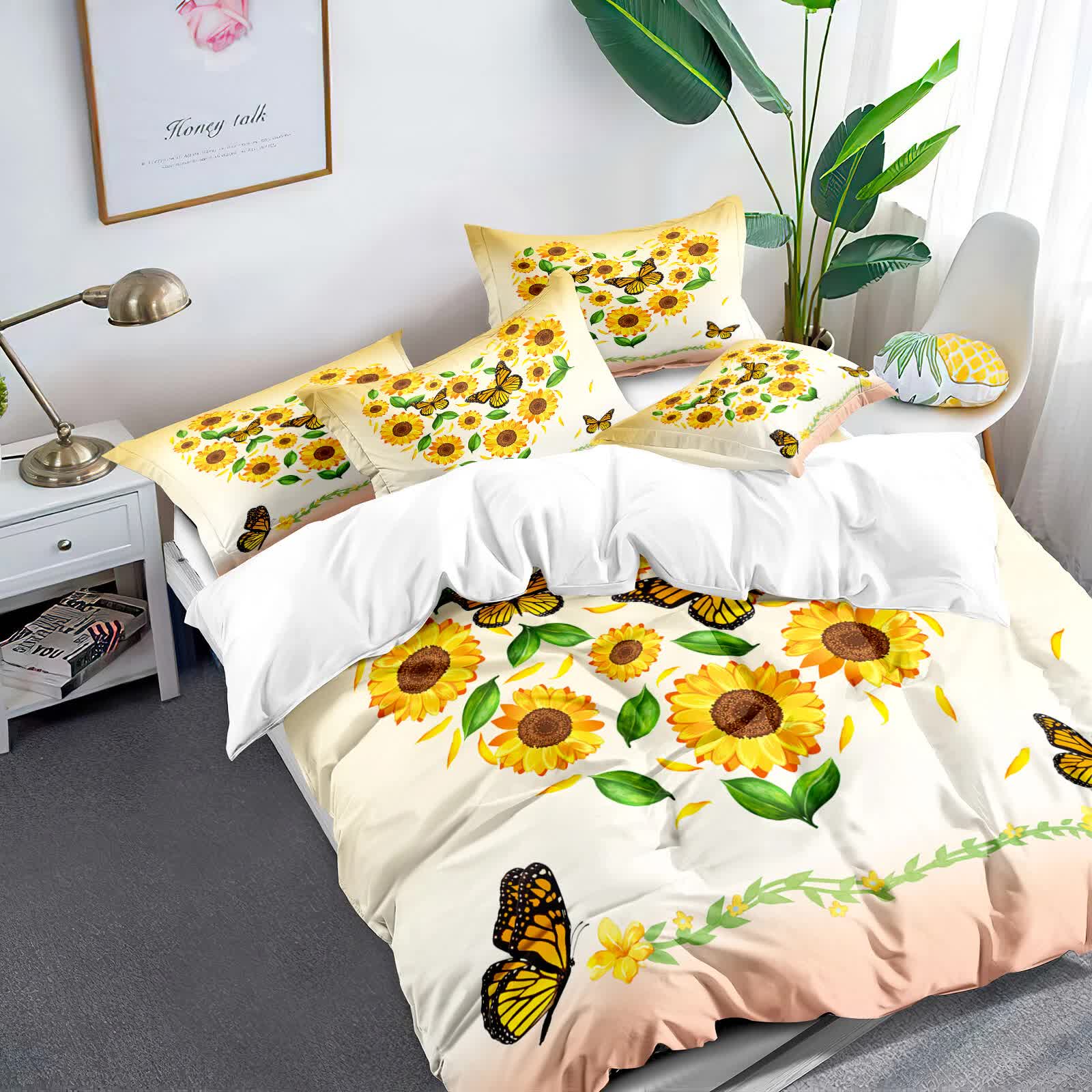 Airy Loft butterfly floral 3‑Piece Comforter Bundle – Relaxed with sunflower and butterfly print on bedzy bed in bedroom setting