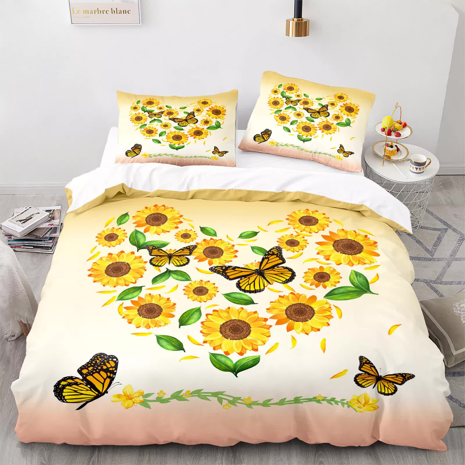 Airy Loft butterfly floral 3‑Piece Comforter Bundle – Relaxed with sunflowers and butterflies on beige bedding set