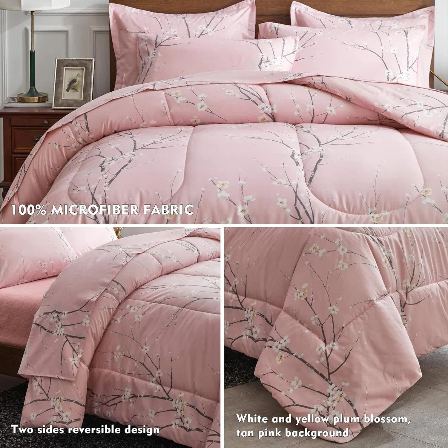 Warm Haven Marbled Bedding – 3‑Piece Comforter & Sham Set in pink with plum blossom pattern, reversible and lightweight design