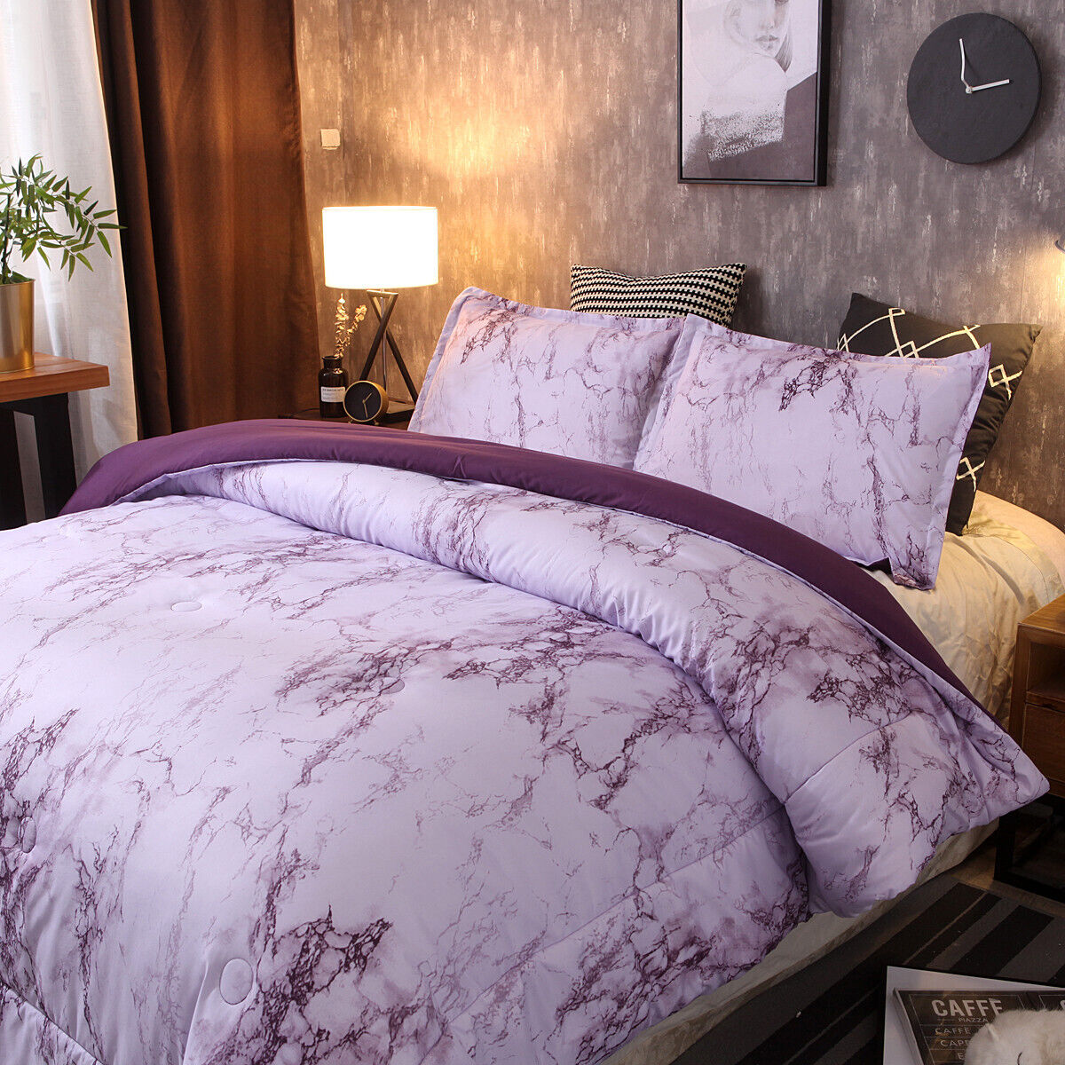 Ethereal Pastel Dreamy Lightweight 3 Pc Comforter & Pillow Cover Set on bed in cozy bedroom setting with side table and lamp