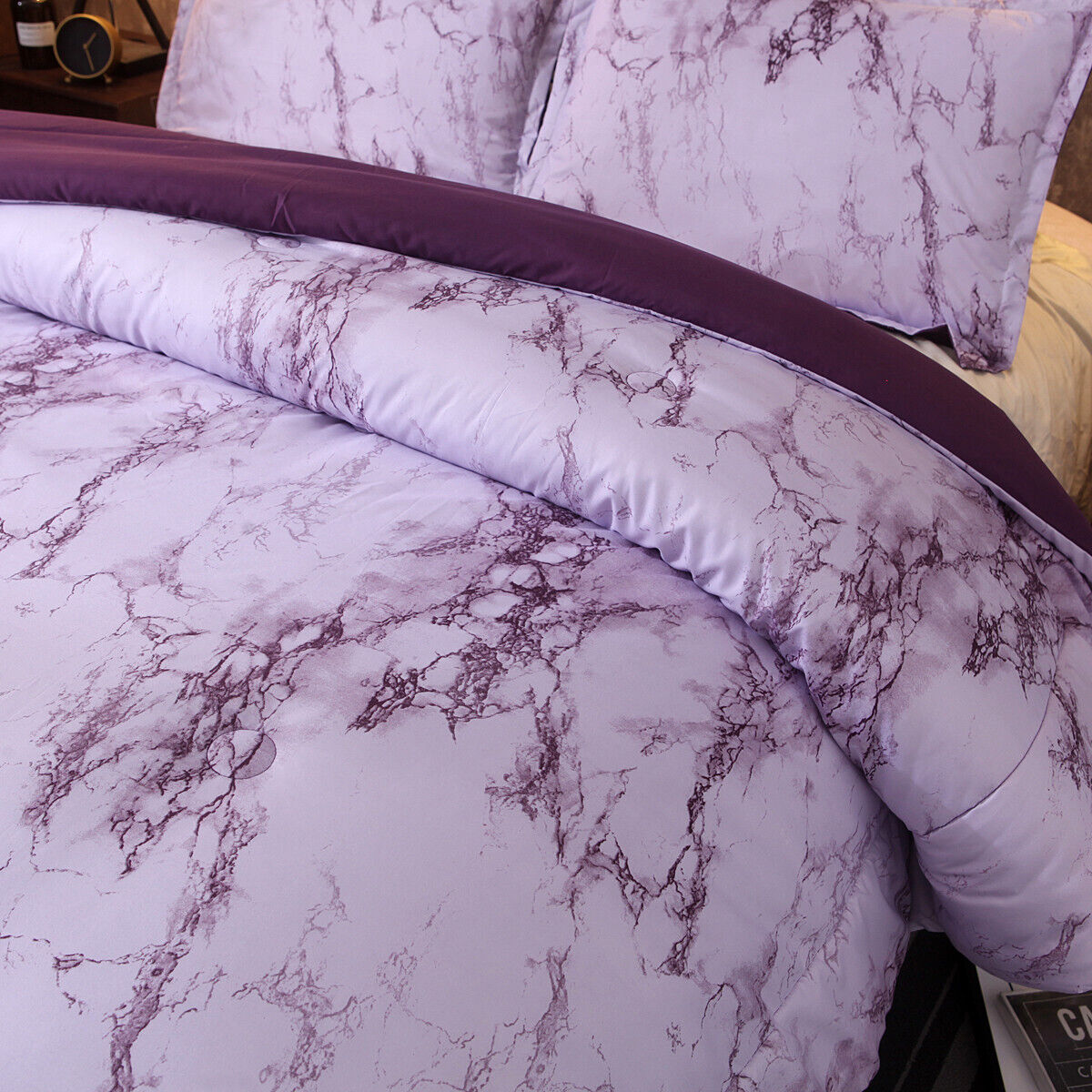 Ethereal Pastel Dreamy Lightweight 3 Pc Comforter & Pillow Cover Set with purple marble pattern and soft texture on bed
