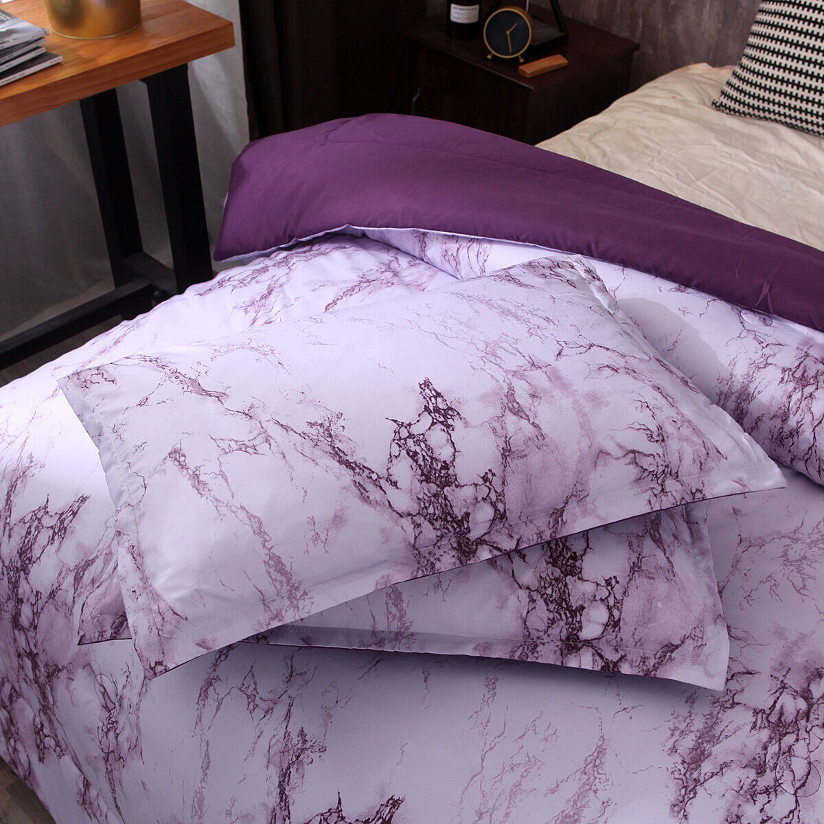 Ethereal Pastel Dreamy Lightweight 3 Pc Comforter & Pillow Cover Set with marble pattern on bed in bedroom setting