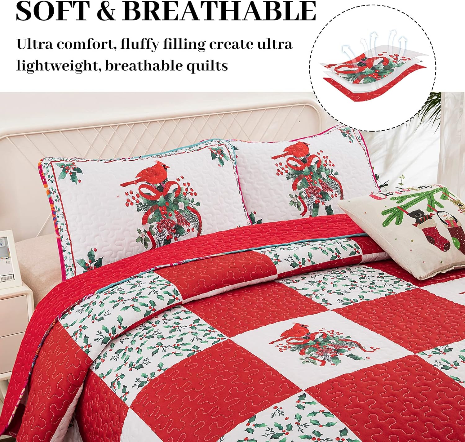 Elegant Red, greem & White Christmas Queen Bedspread Set with festive quilted pattern and matching decorative pillows on beige bed frame