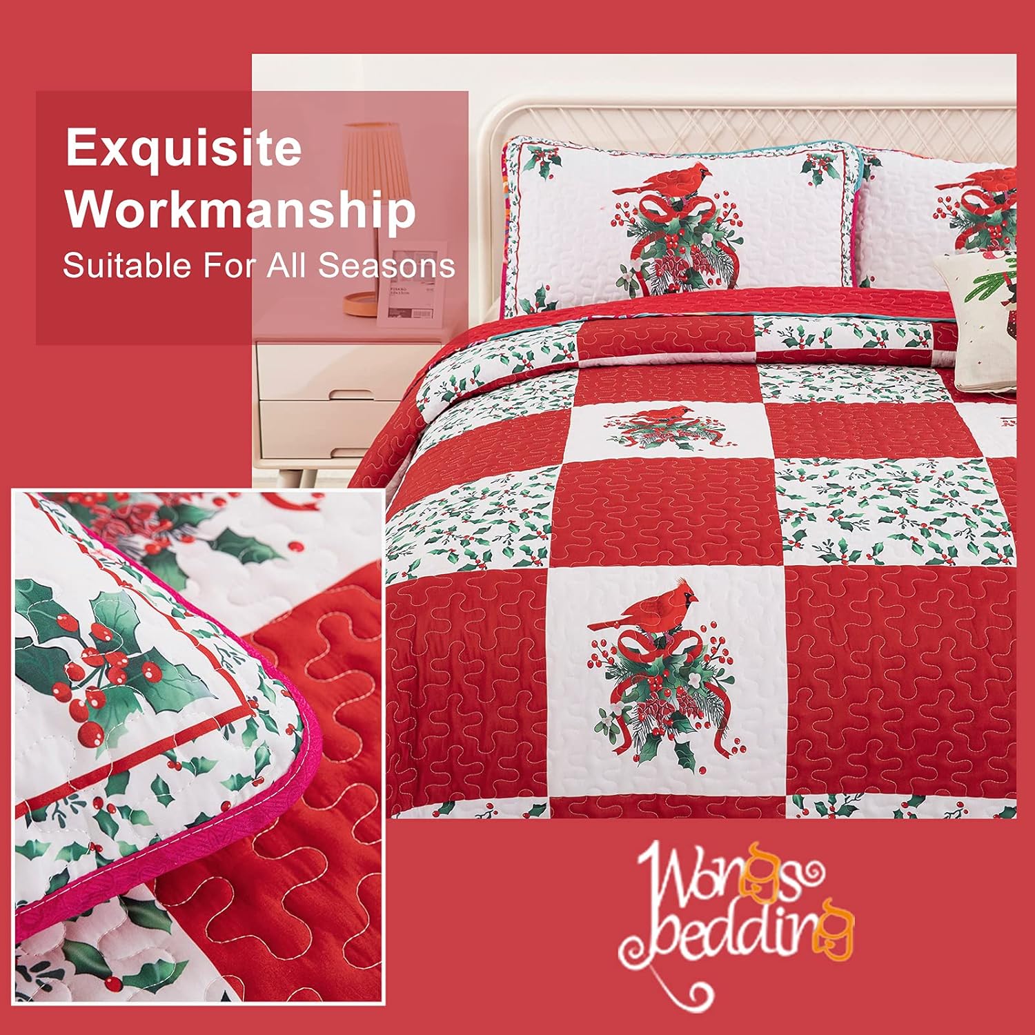 Elegant Red, greem & White Christmas Queen Bedspread Set with patchwork design and festive holiday motifs on queen bed