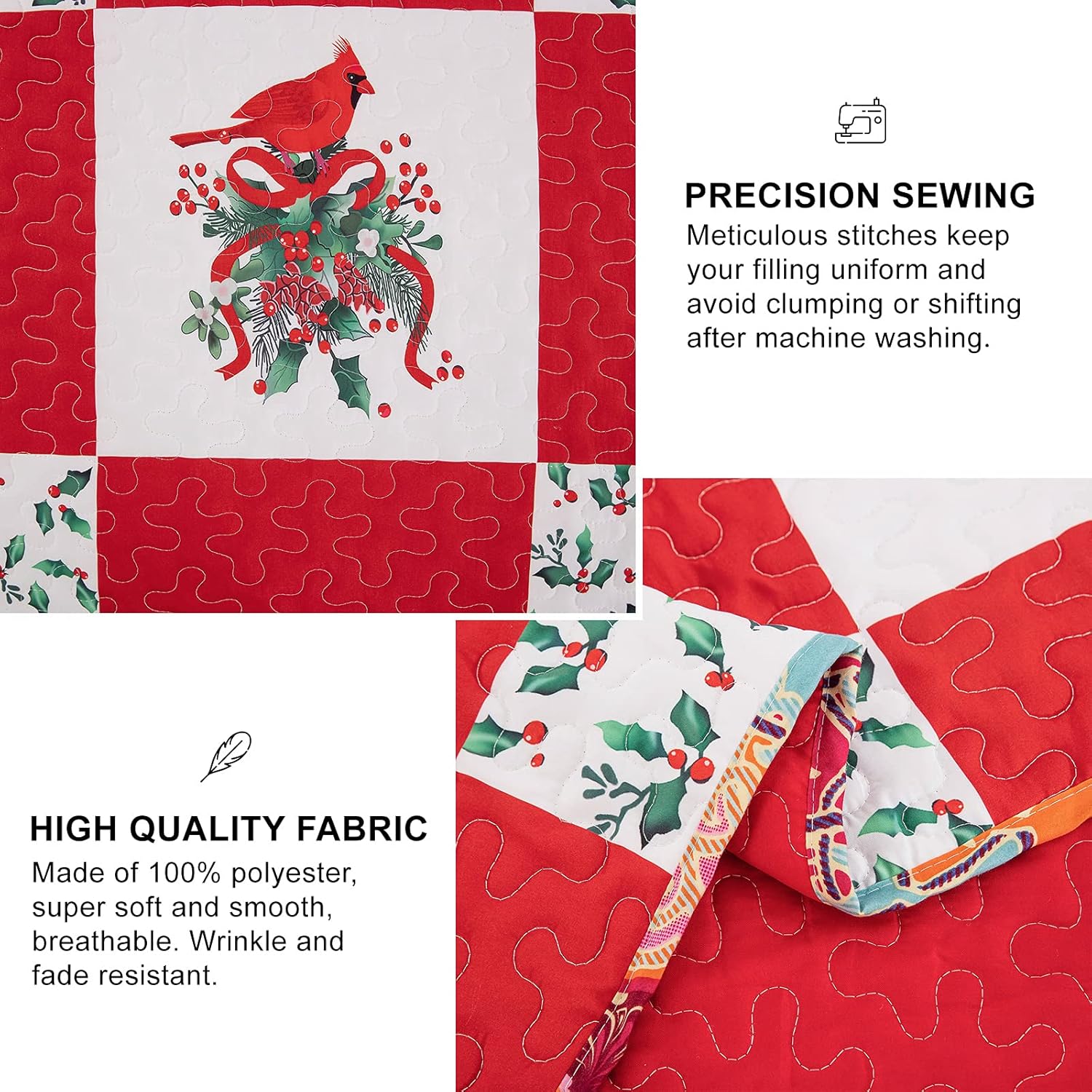 Elegant Red, greem & White Christmas Queen Bedspread Set with detailed stitching, red cardinal design, and holly pattern fabric close-up