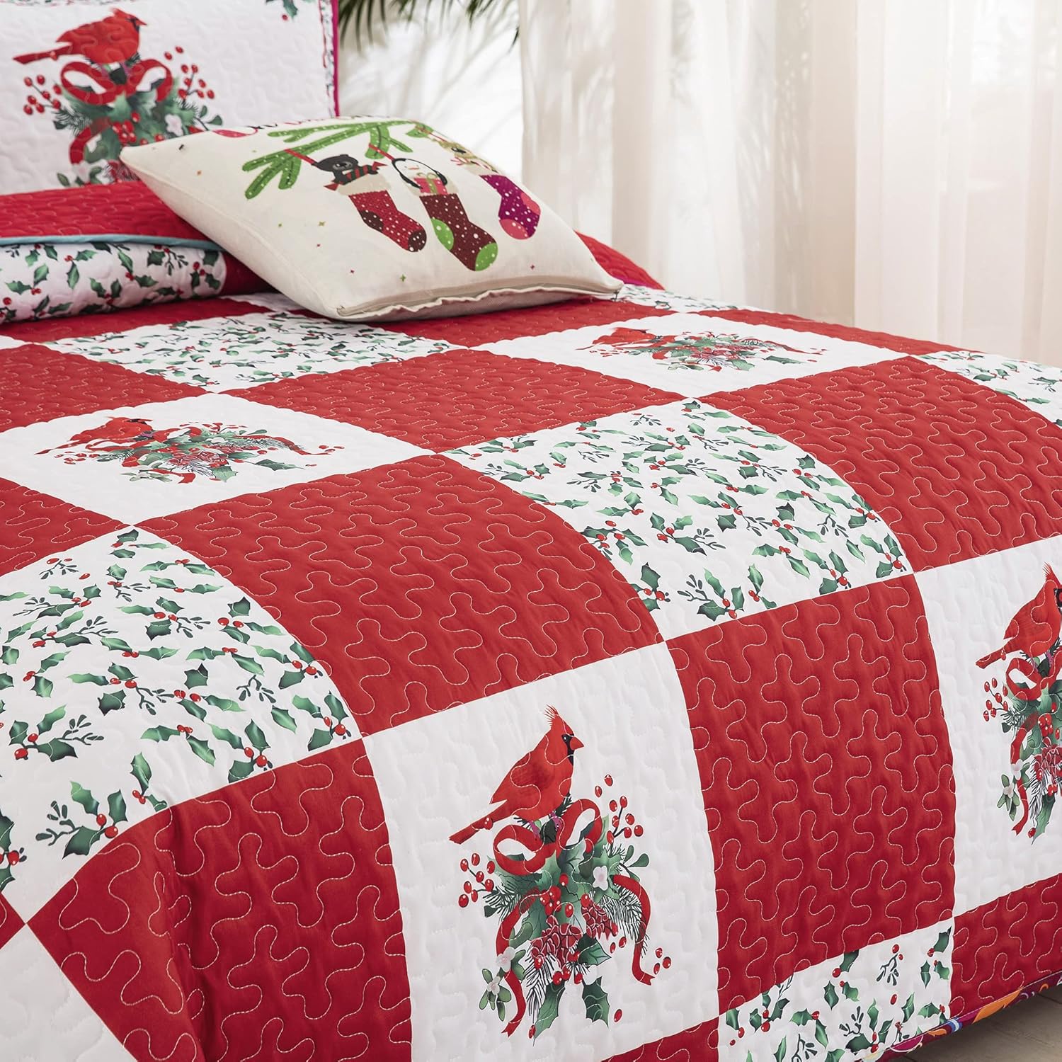 Elegant Red, greem & White Christmas Queen Bedspread Set with quilted squares featuring cardinals, holly, and festive greenery.