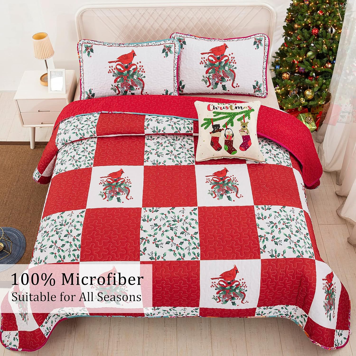 Elegant Red, greem & White Christmas Queen Bedspread Set with festive quilted pattern and matching pillow shams on queen bed