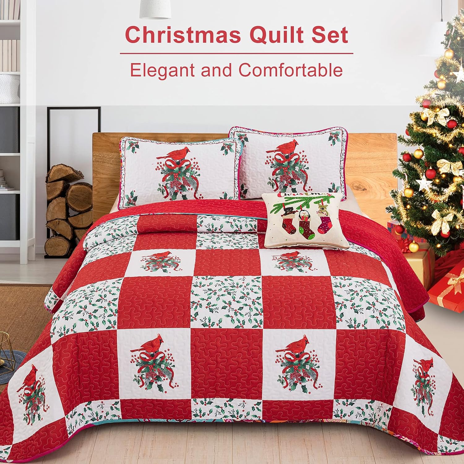 Elegant Red, greem & White Christmas Queen Bedspread Set with festive quilt, matching pillows, and holiday decor in bedroom setting