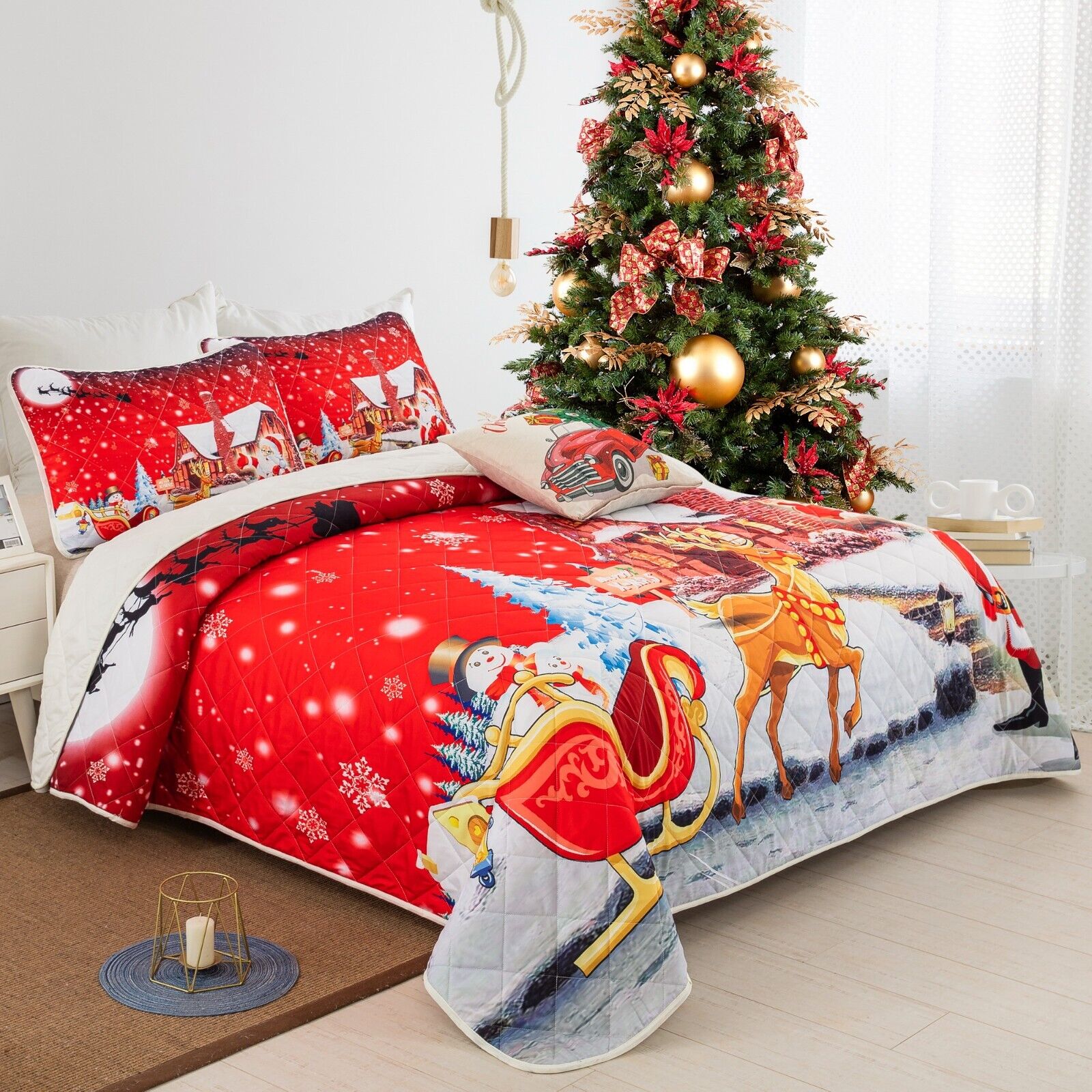 Holiday Cheer Christmas Queen Bedspread Set with festive red quilt featuring sleigh and reindeer in decorated bedroom setting