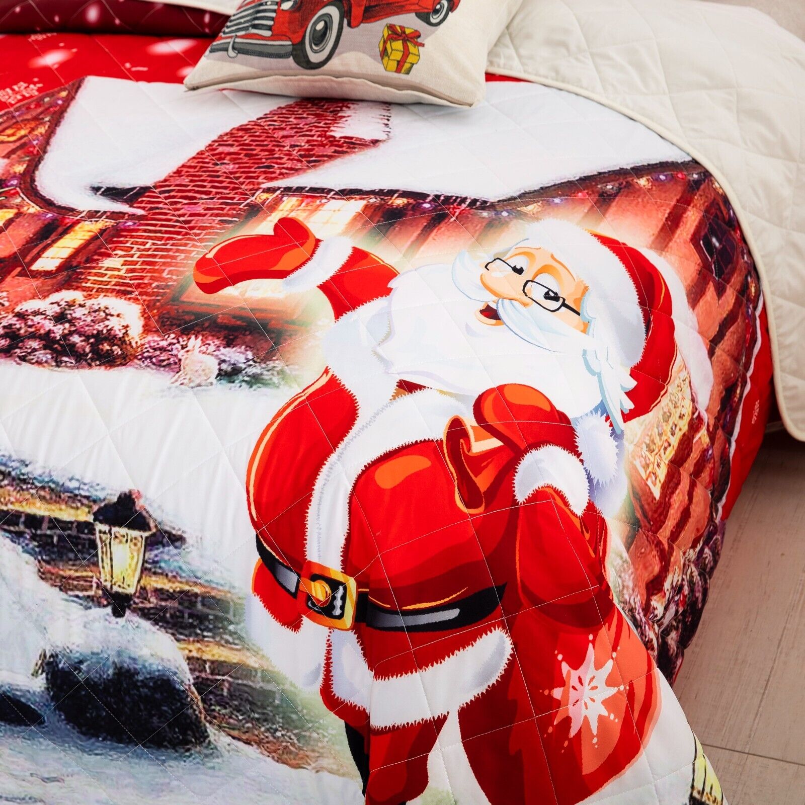 Holiday Cheer Christmas Queen Bedspread Set featuring festive Santa Claus design for cozy bedroom holiday decor