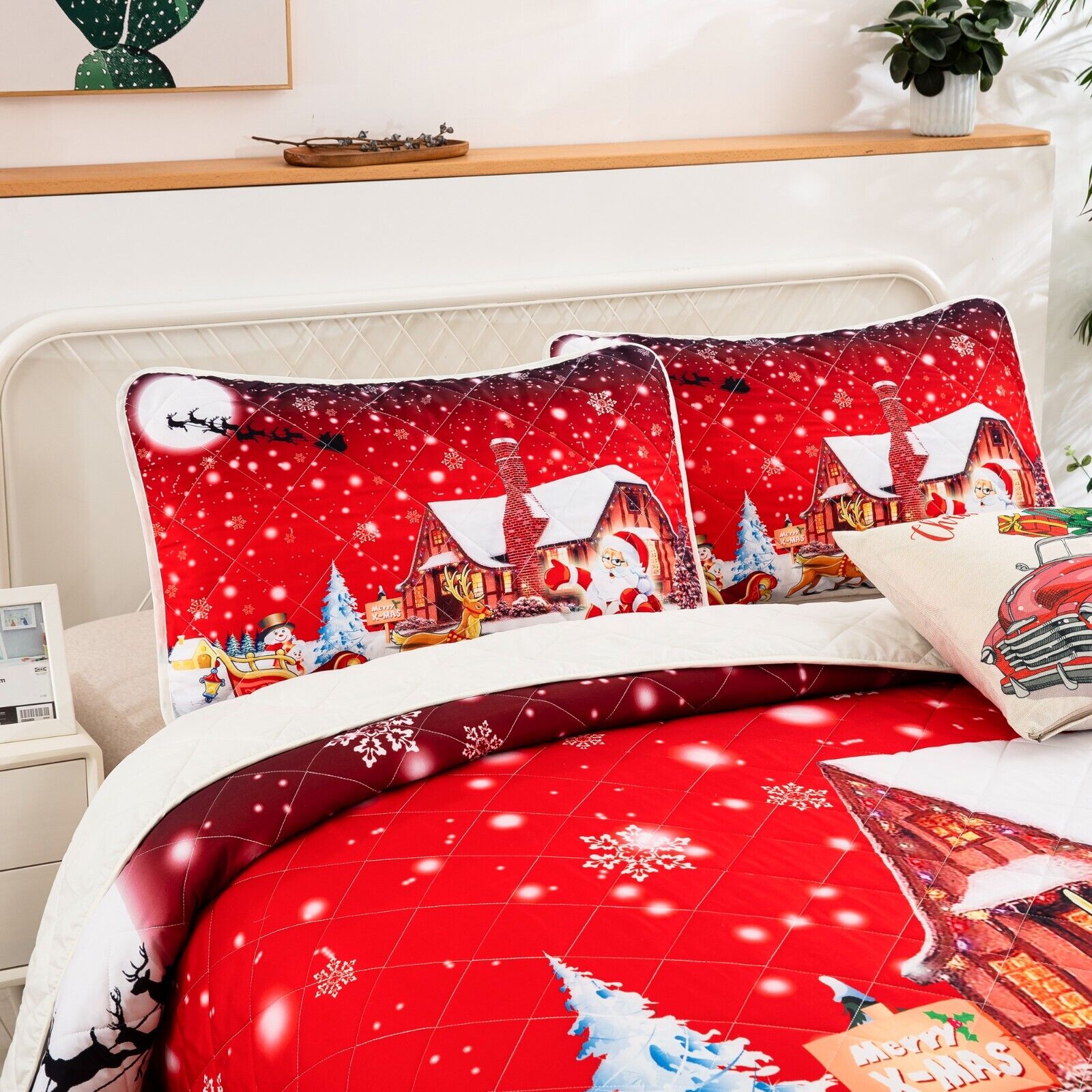 Holiday Cheer Christmas Queen Bedspread Set with festive red quilt and matching pillow shams on white bed frame