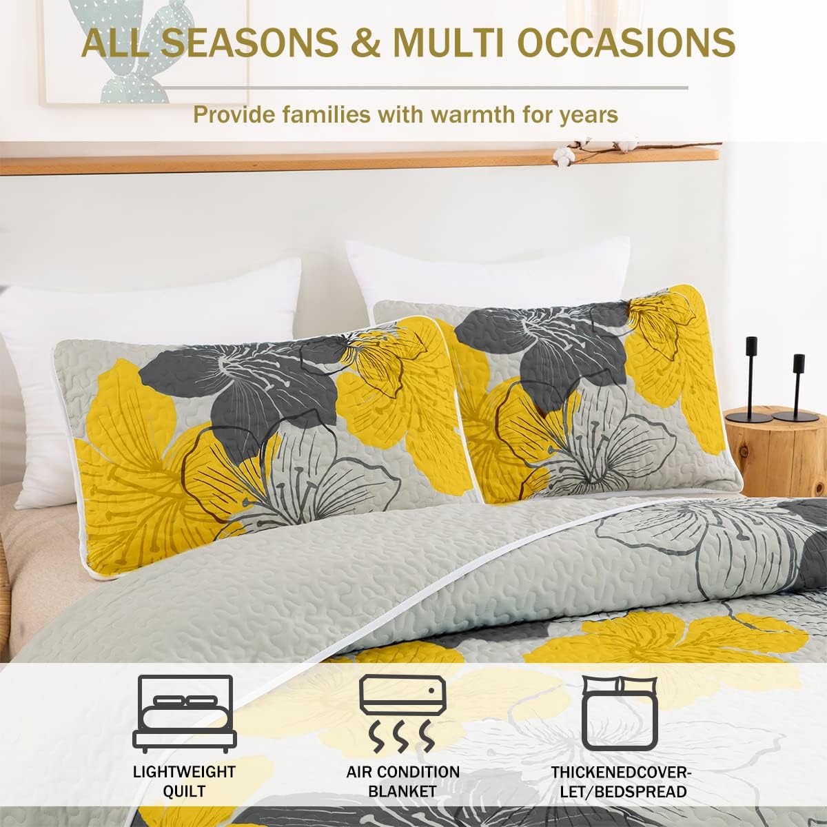 Delicate Quilted Coverlet and Pillowcases Set: Soft Touch for a Restful Night - Queen size with floral pattern on bed by Bedzy