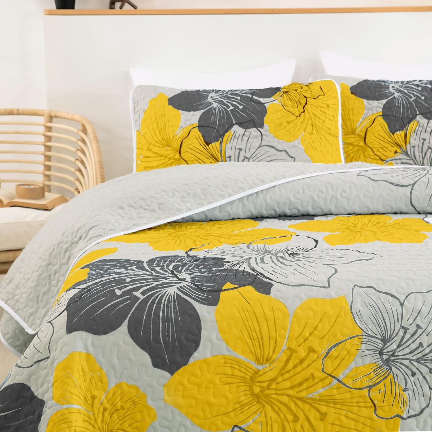 Delicate Quilted Coverlet and Pillowcases Set: Soft Touch for a Restful Night - Queen size with floral yellow gray design on bed