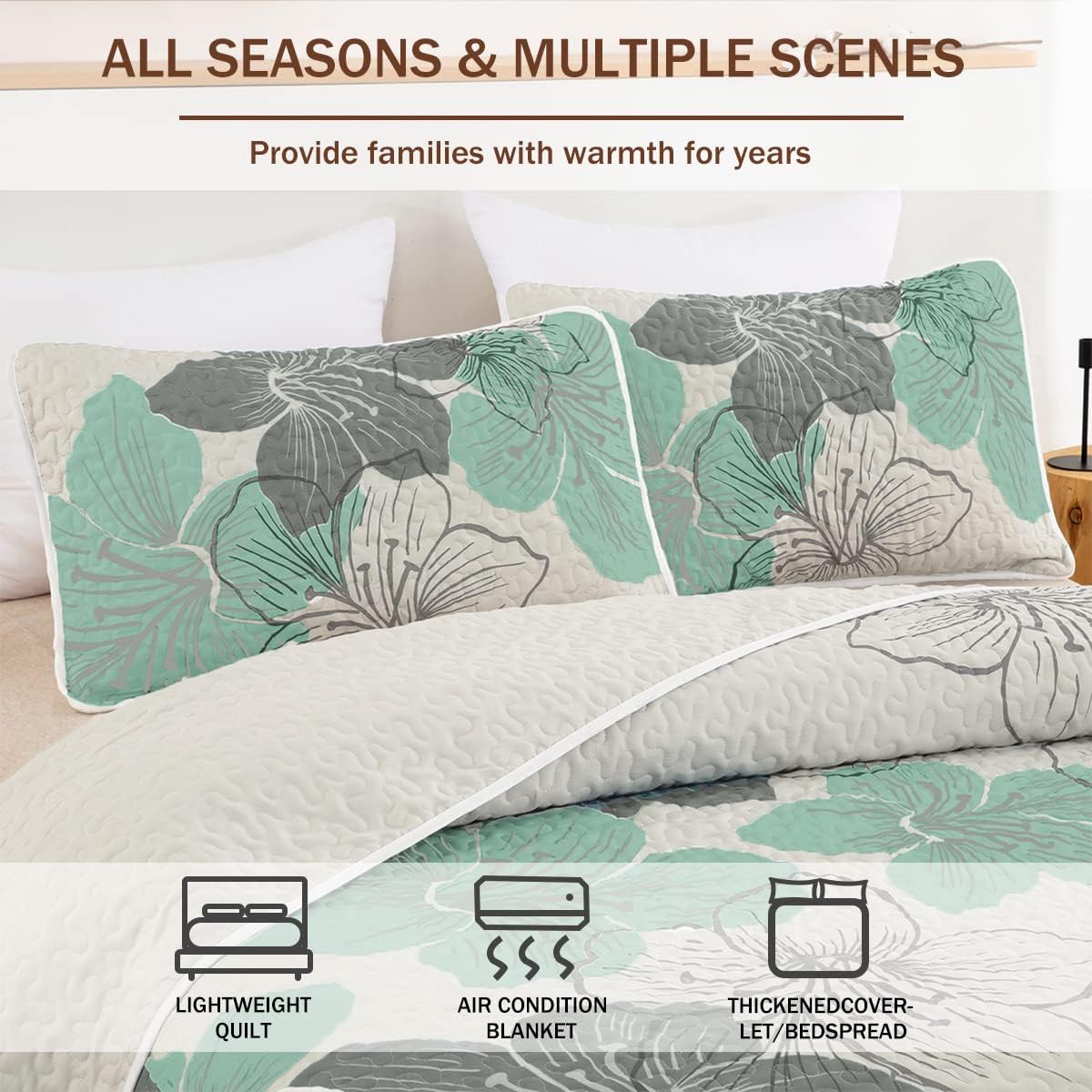 Radiant Quilted Coverlet and Pillowcases Set: Envelop Your Bed in Elegance - Queen size with floral quilt and pillowcases in bedroom setting