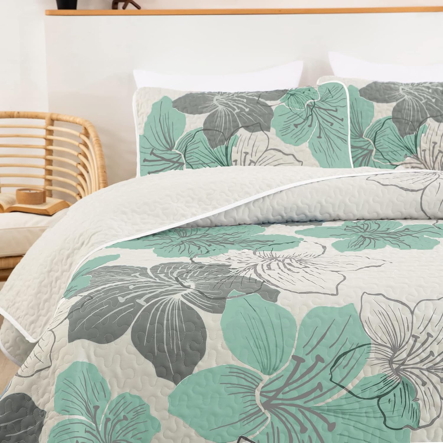 Radiant Quilted Coverlet and Pillowcases Set: Envelop Your Bed in Elegance - Queen size with floral pattern bedding in bedroom setting