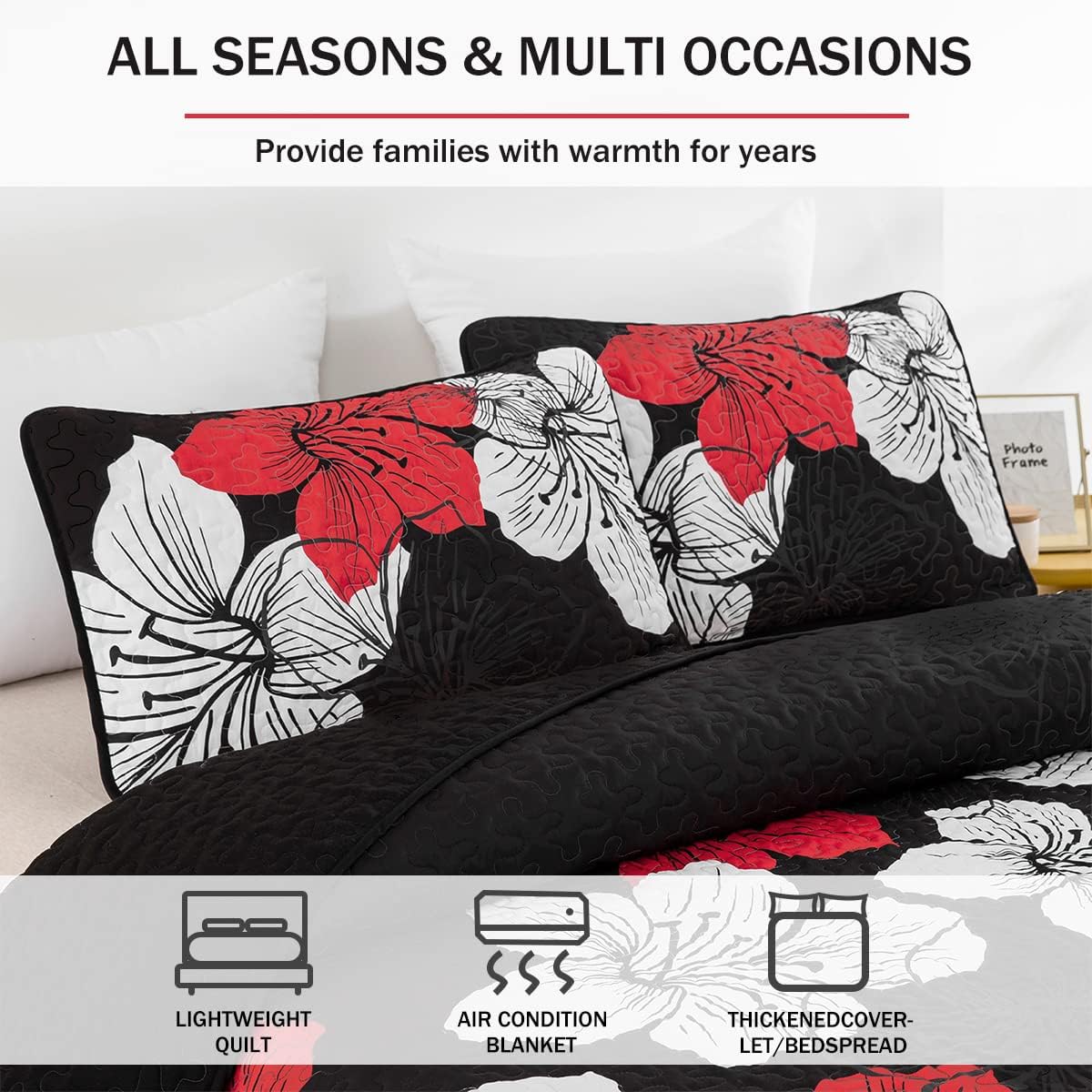 Glorious Quilted coverlet and pillowcovers set: Unmatched Beauty - Queen size with red and white floral pattern on black bedding
