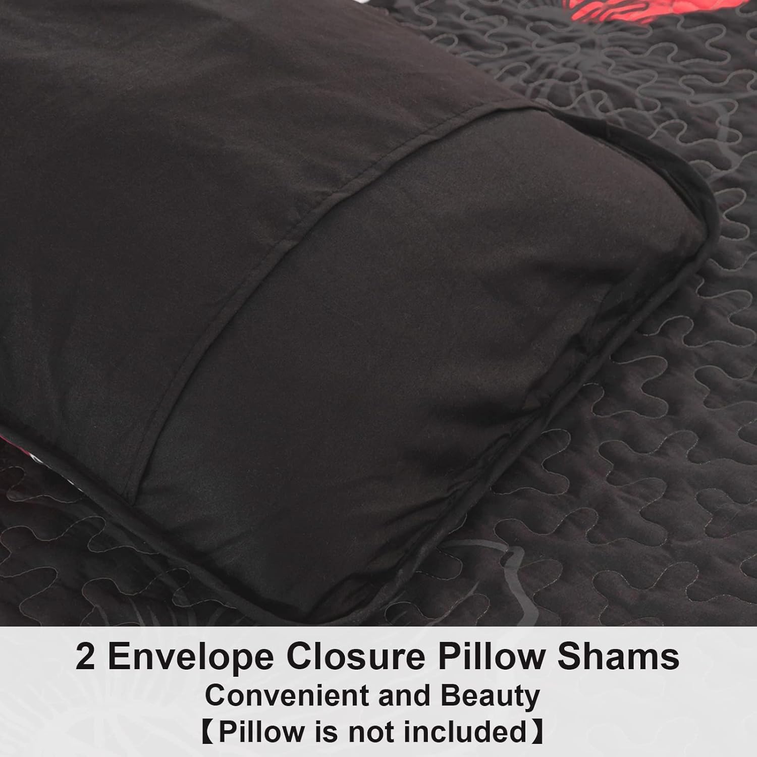 Close-up of black pillowcover on quilted bedspread from Glorious Quilted coverlet and pillowcovers set: Unmatched Beauty - Queen size