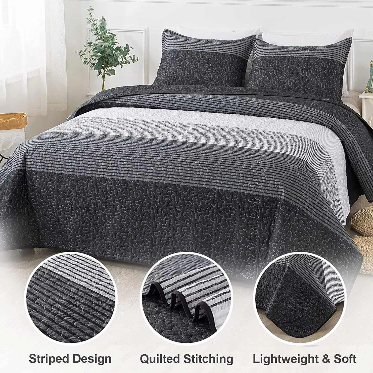 Detailed Quilted Bedspread and Pillowcases Set: A Signature of Quality and Style - Queen size with striped design and quilted stitching