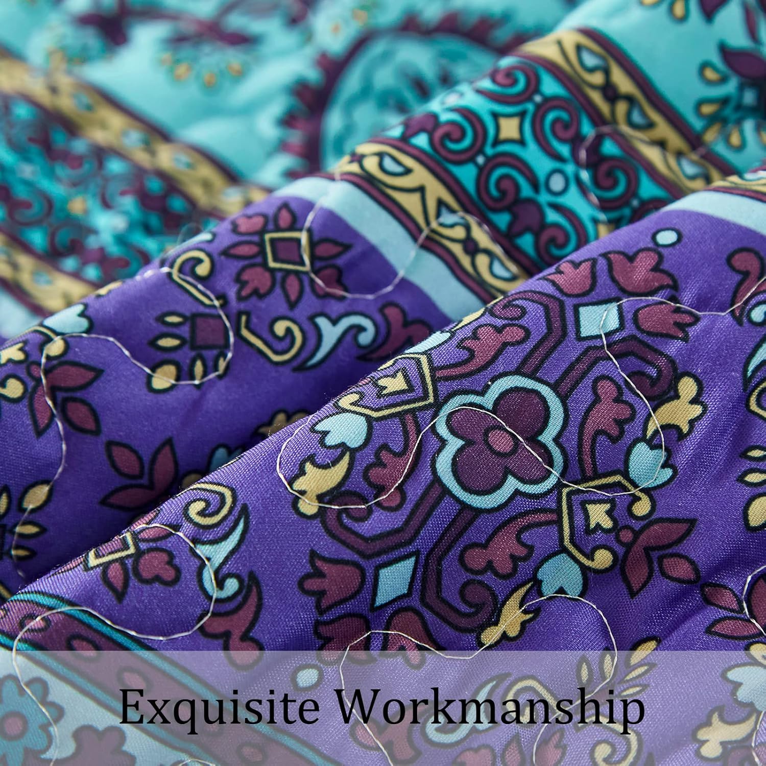 Close-up of vibrant patterned fabric detailing on Tranquil Quilted coverlet and pillowcovers set: Perfect for Relaxation - Queen size
